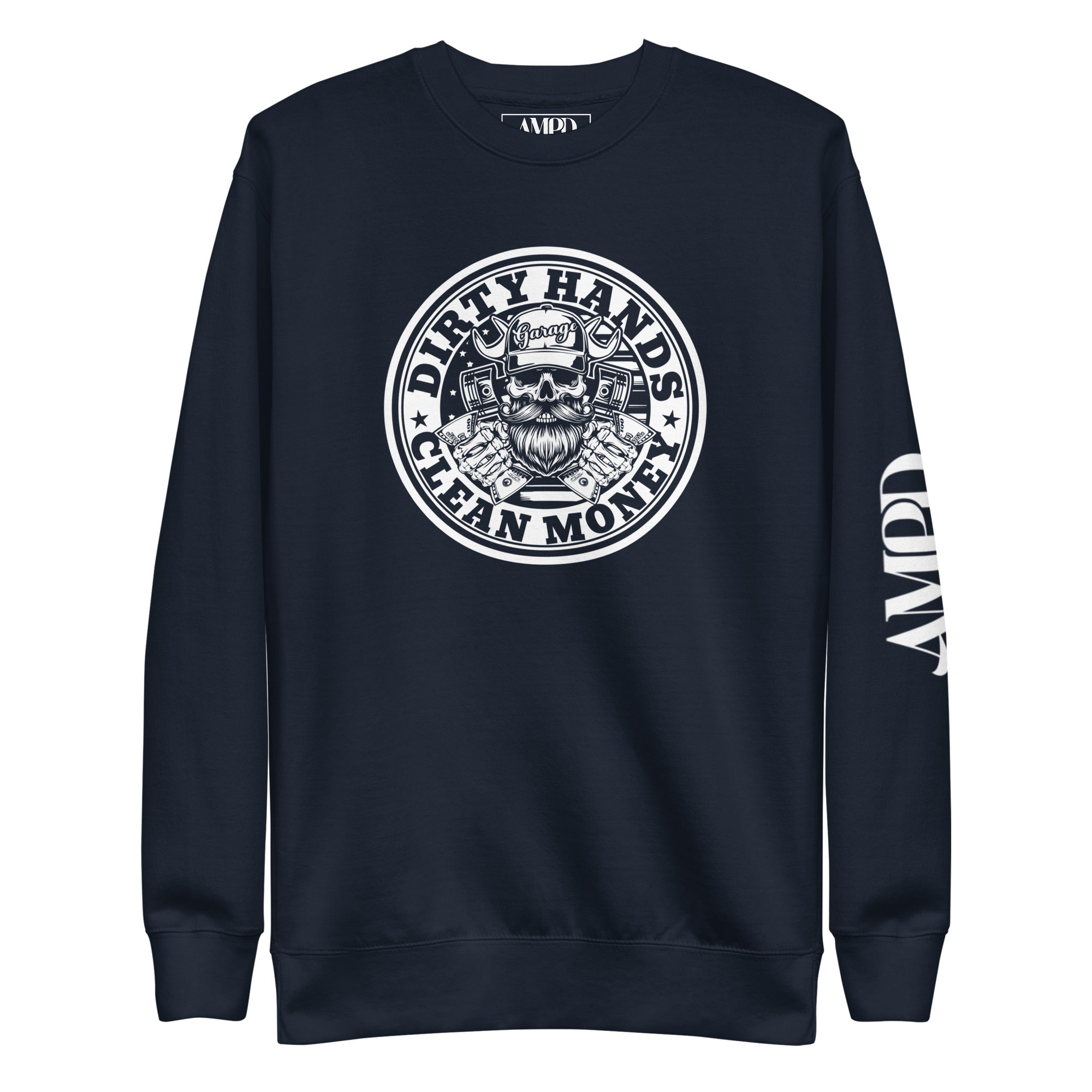 Amp'd Up Custom Dirty Hands Clean Money Sweatshirts in Navy with Graphic Design on Front