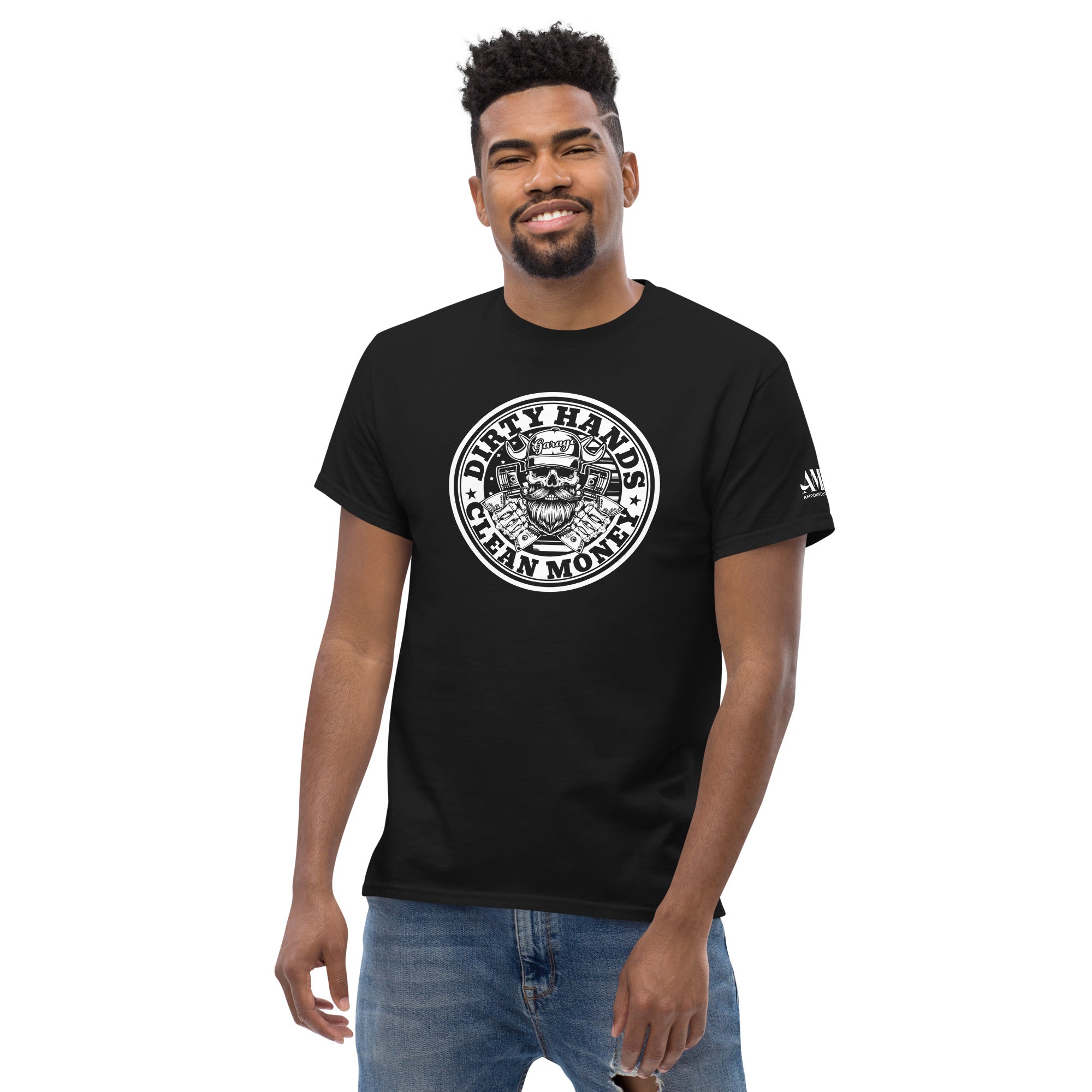 Dirty Hands Clean Money T-Shirt | AMPD featuring a graphic design on a black fabric, perfect for casual wear.