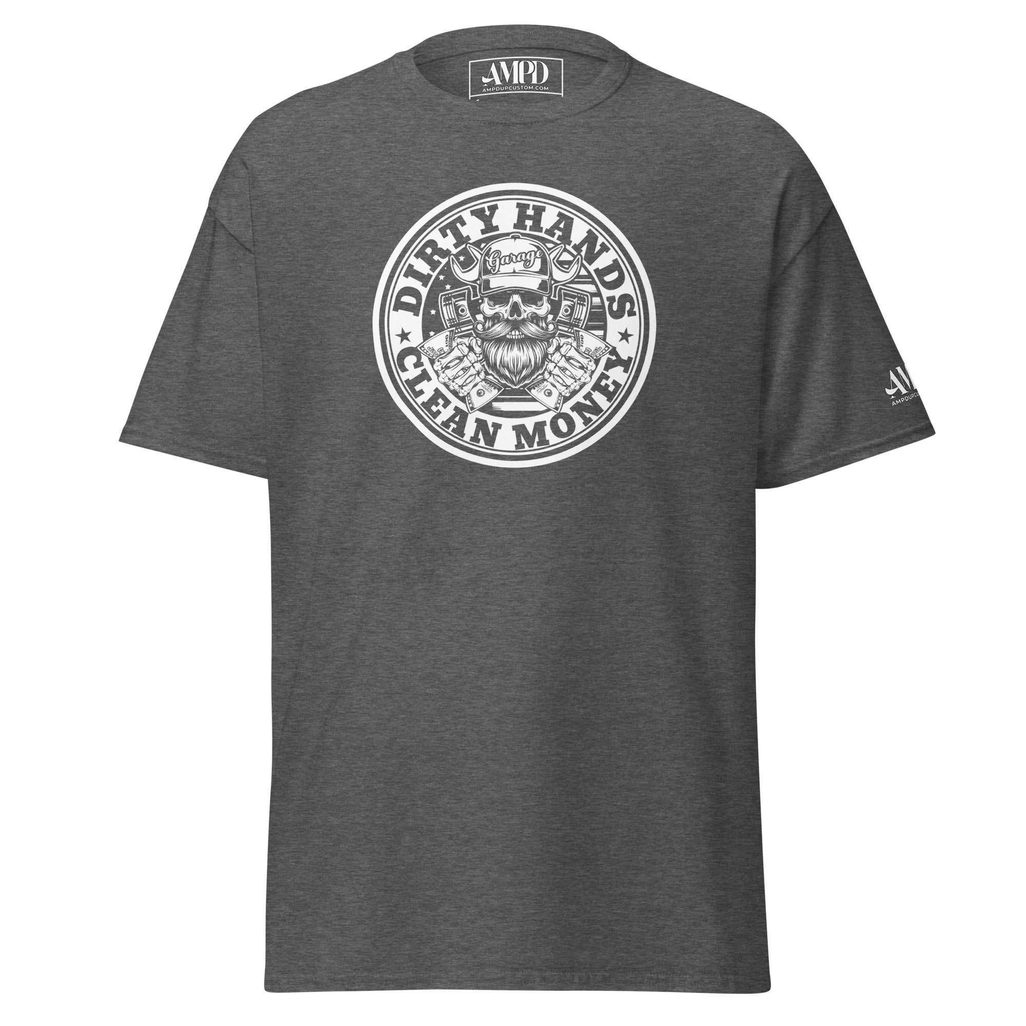 Dirty Hands Clean Money T-Shirt | AMPD in gray with a vintage graphic print design