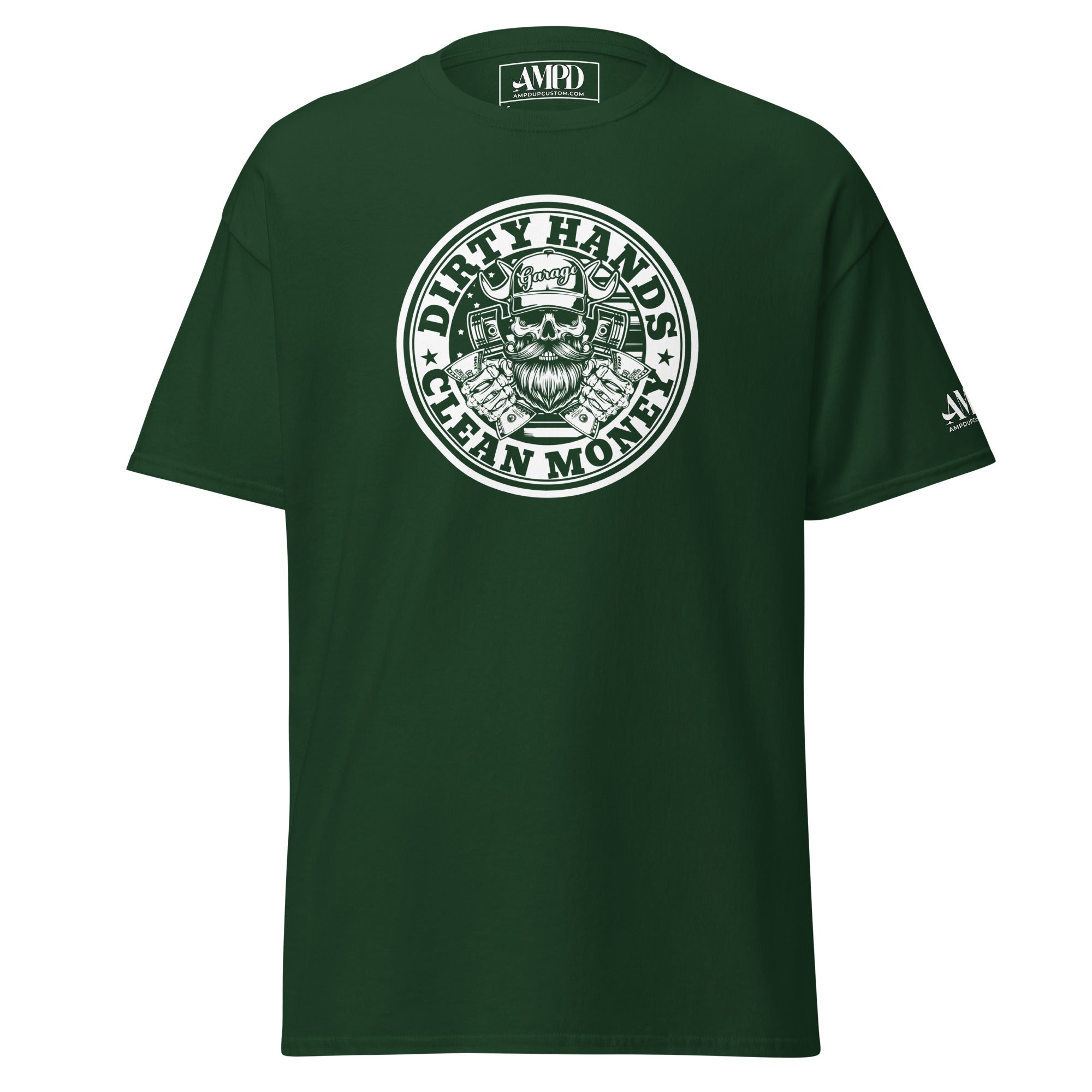 Dirty Hands Clean Money T-Shirt | AMPD in green with a bold graphic print on the front