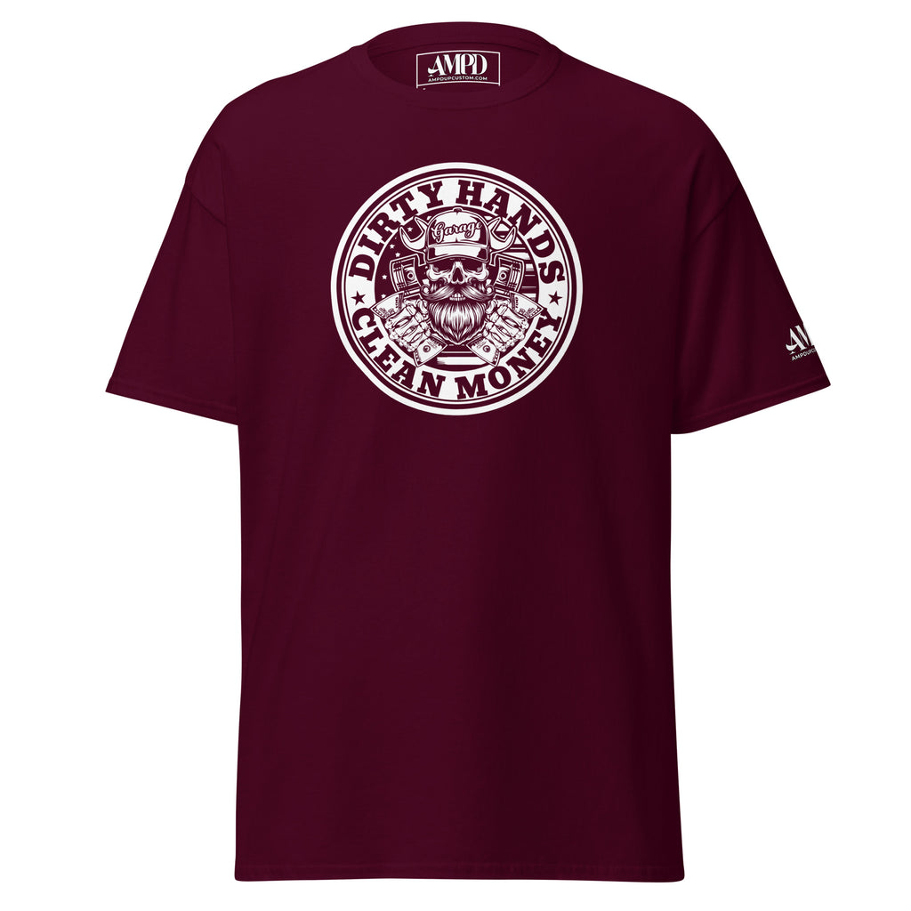 Dirty Hands Clean Money T-Shirt | AMPD in maroon with bold graphic design and comfortable fit