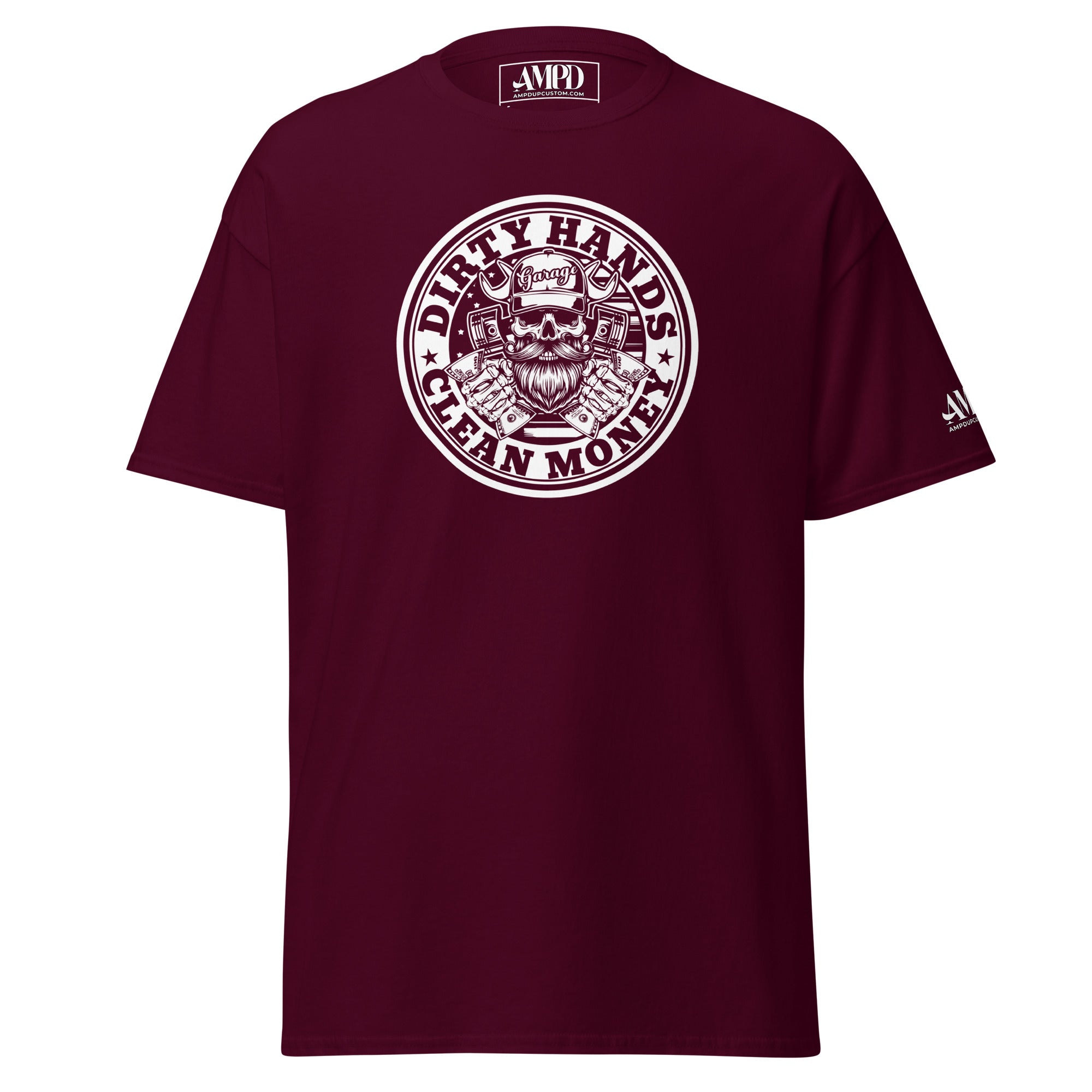 Dirty Hands Clean Money T-Shirt | AMPD in maroon with bold graphic design and comfortable fit
