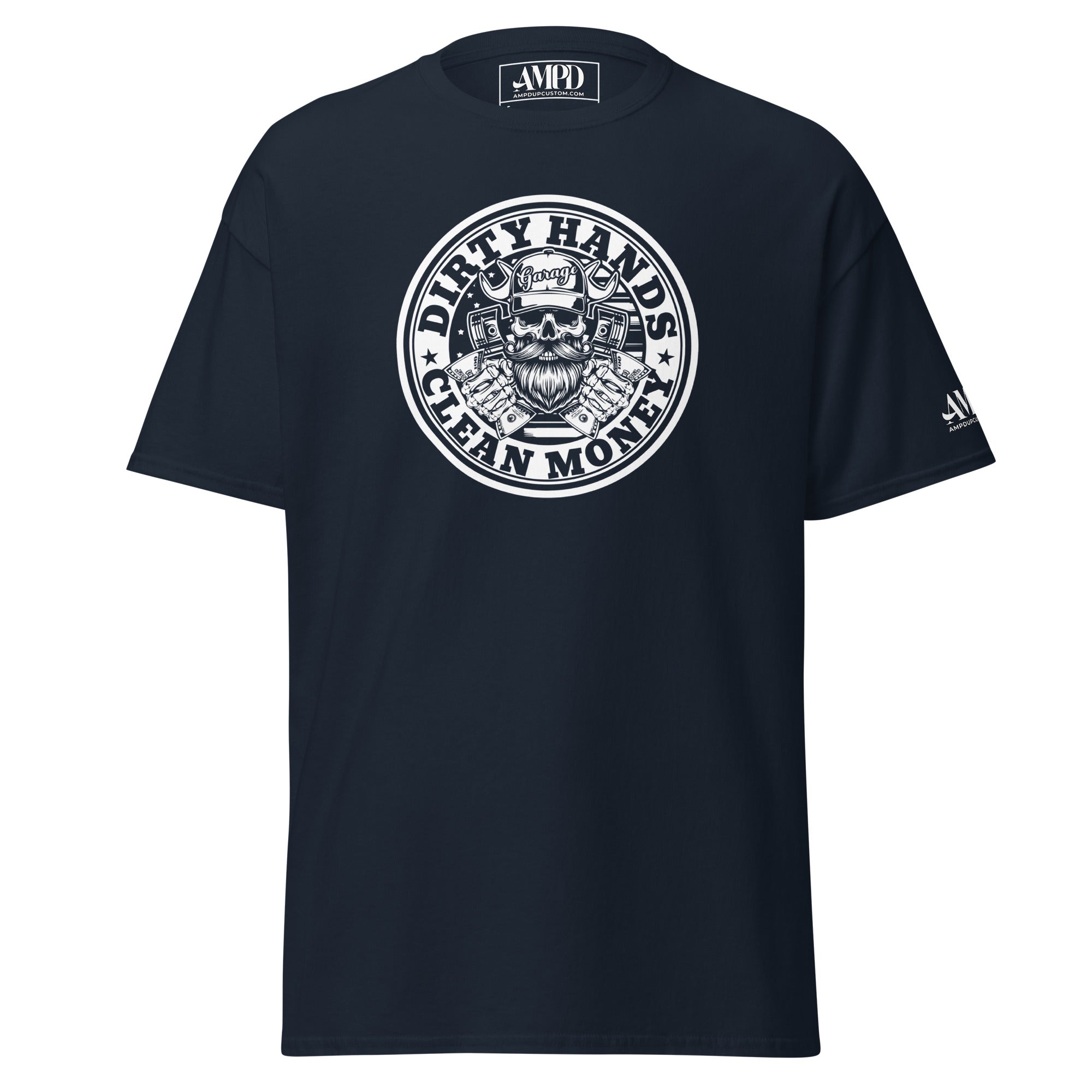 Dirty Hands Clean Money T-Shirt | AMPD in navy blue featuring a bold graphic design