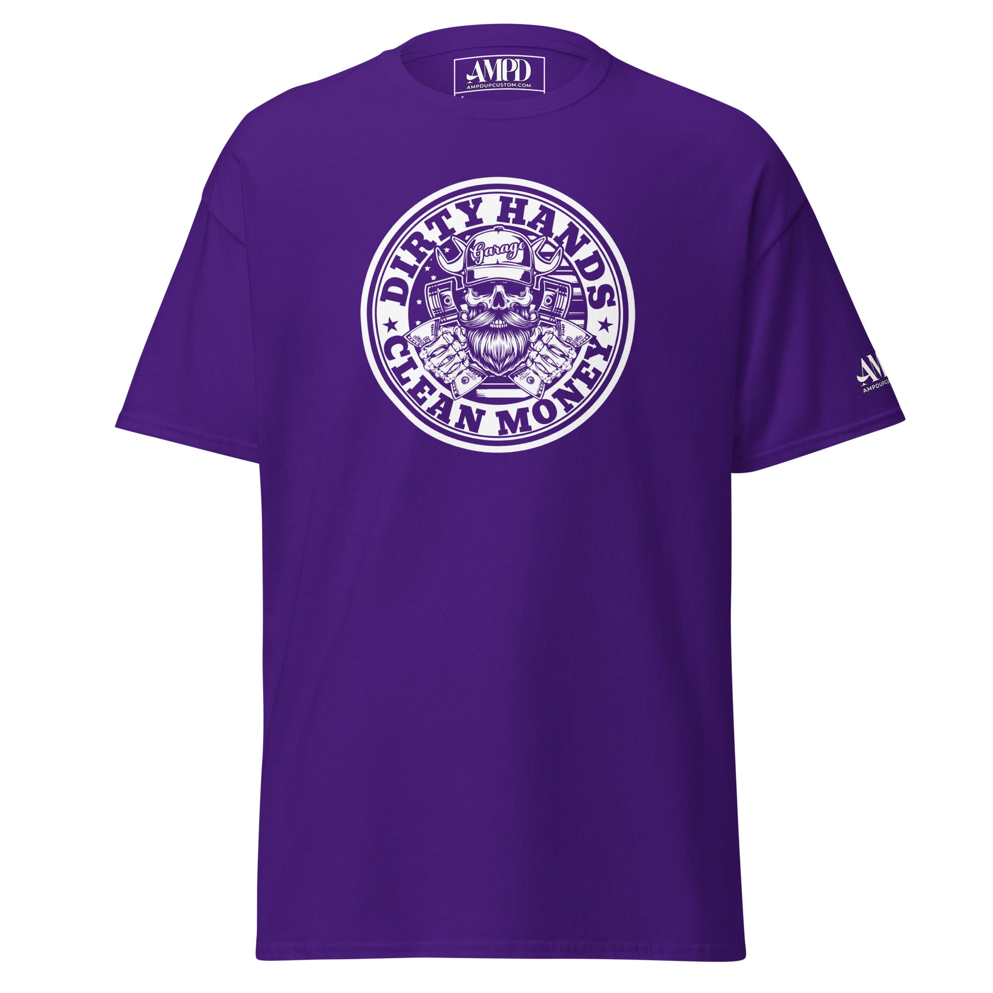 Purple Dirty Hands Clean Money T-Shirt | AMPD with a bold graphic design on the front