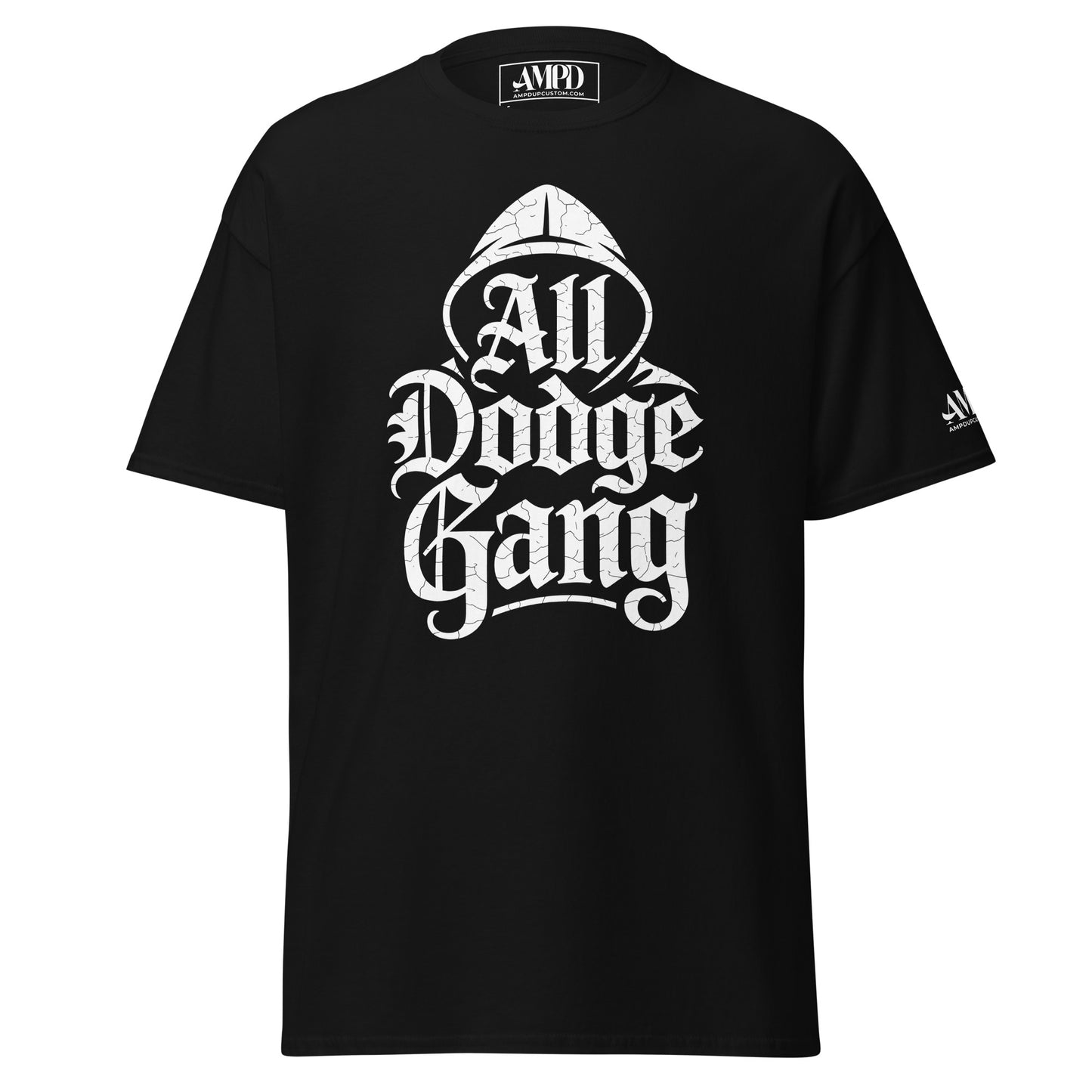 Amp'd Up Custom Dodge Gang Graphic T-Shirt in black, perfect for car enthusiast streetwear.