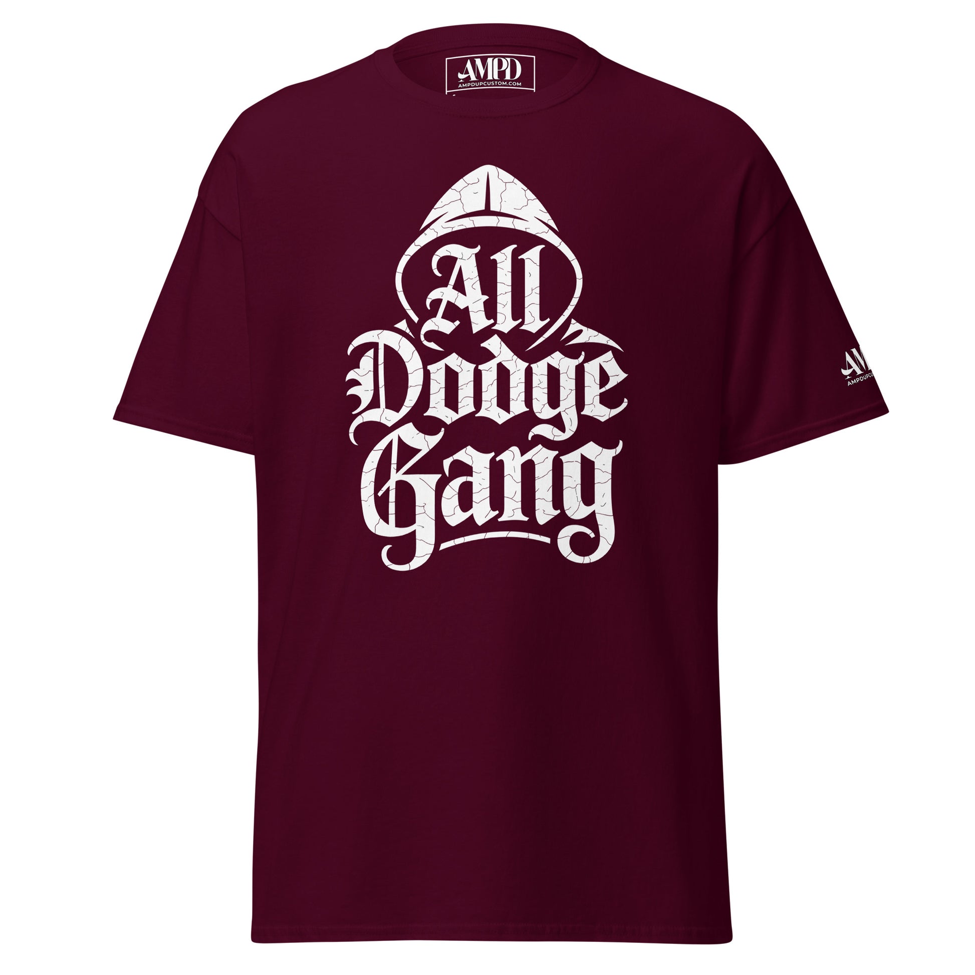 Amp'd Up Custom Dodge Gang Graphic T-Shirt in Burgundy for Car Enthusiast Streetwear1