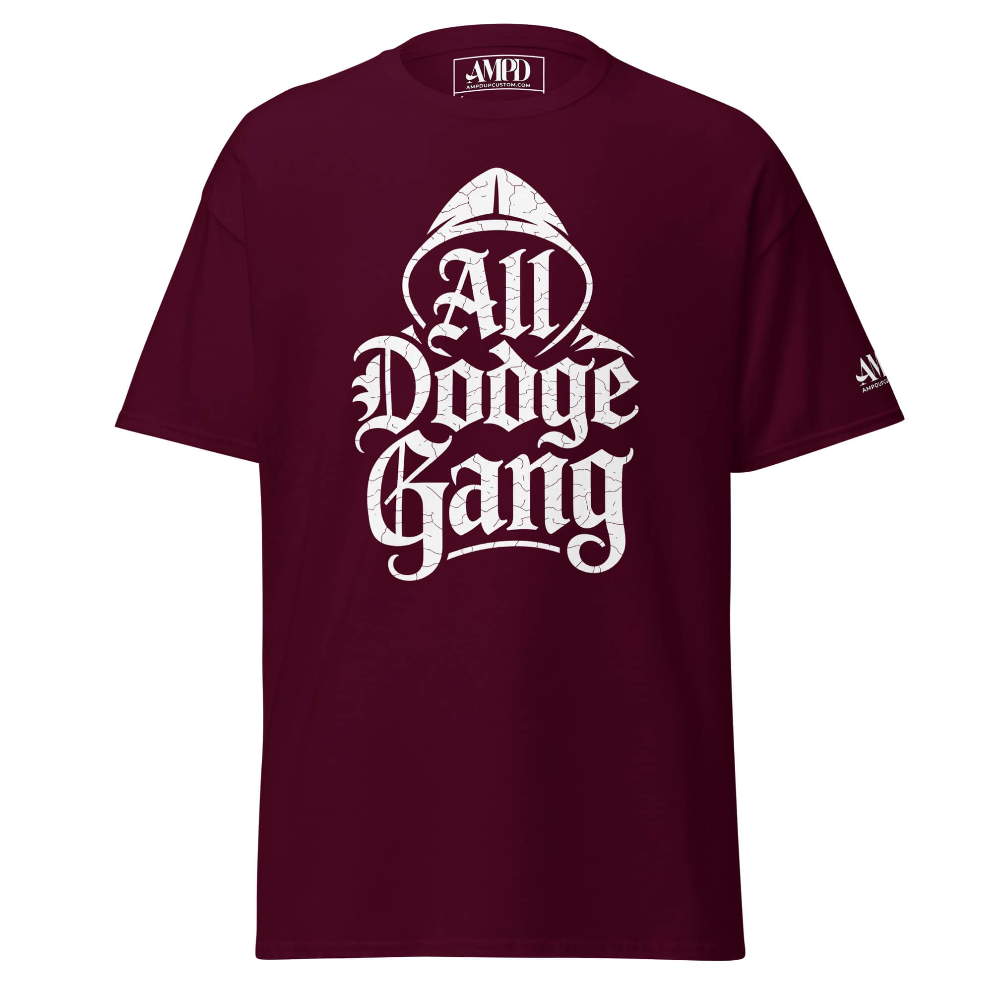 Amp'd Up Custom Dodge Gang Graphic T-Shirt in Burgundy for Car Enthusiast Streetwear1