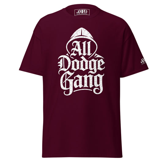 Amp'd Up Custom Dodge Gang Graphic T-Shirt in Burgundy for Car Enthusiast Streetwear1