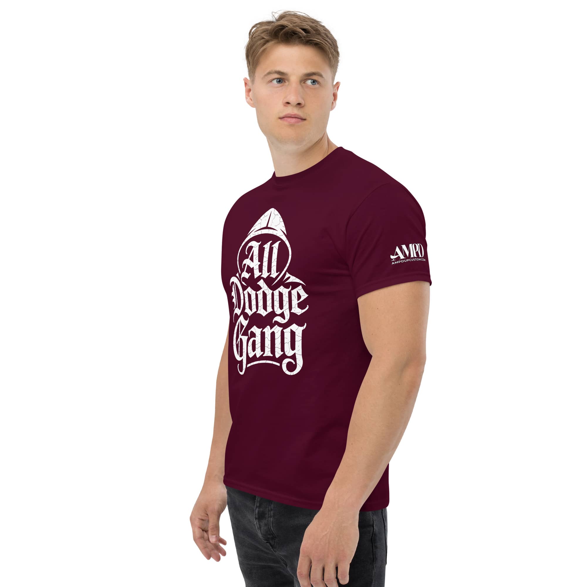 Amp'd Up Custom Dodge Gang Graphic T-Shirt in Burgundy for Car Enthusiast Streetwear