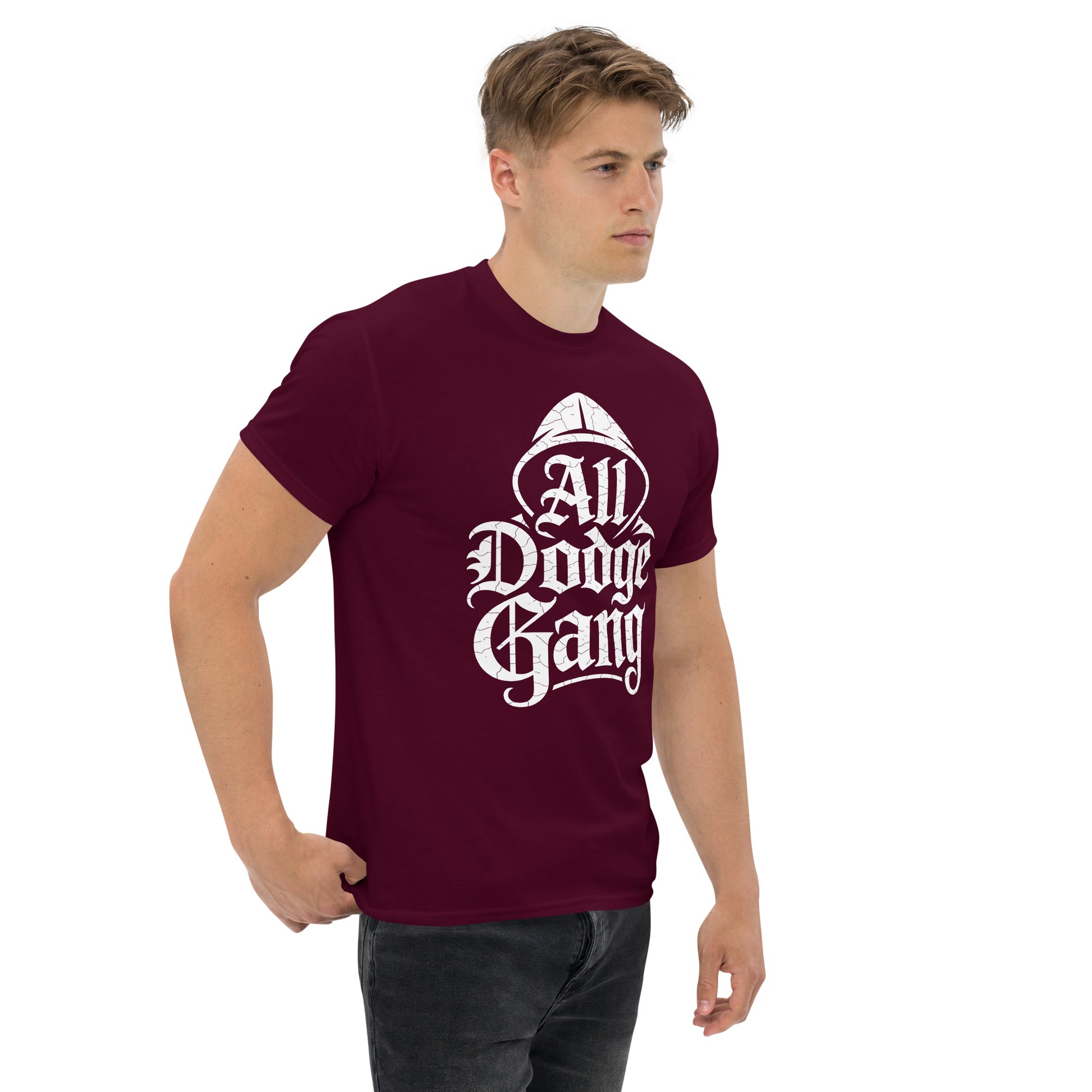 Amp'd Up Custom Dodge Gang Graphic T-Shirt in maroon for car enthusiast streetwear