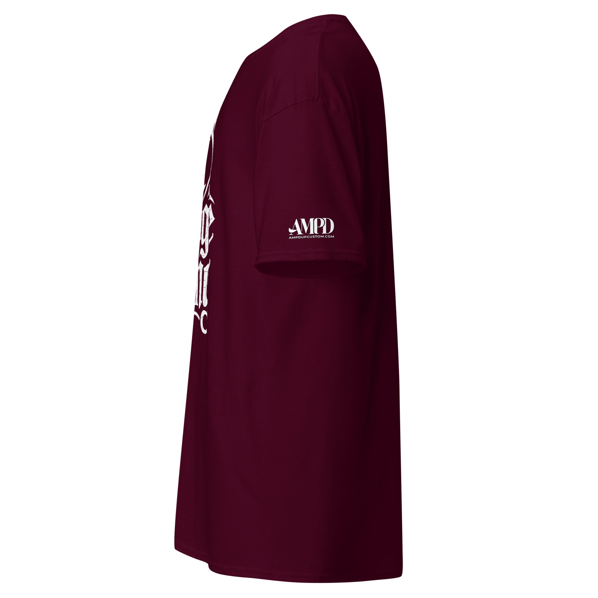 Side view of Amp'd Up Custom Dodge Gang Graphic T-Shirt for car enthusiast streetwear