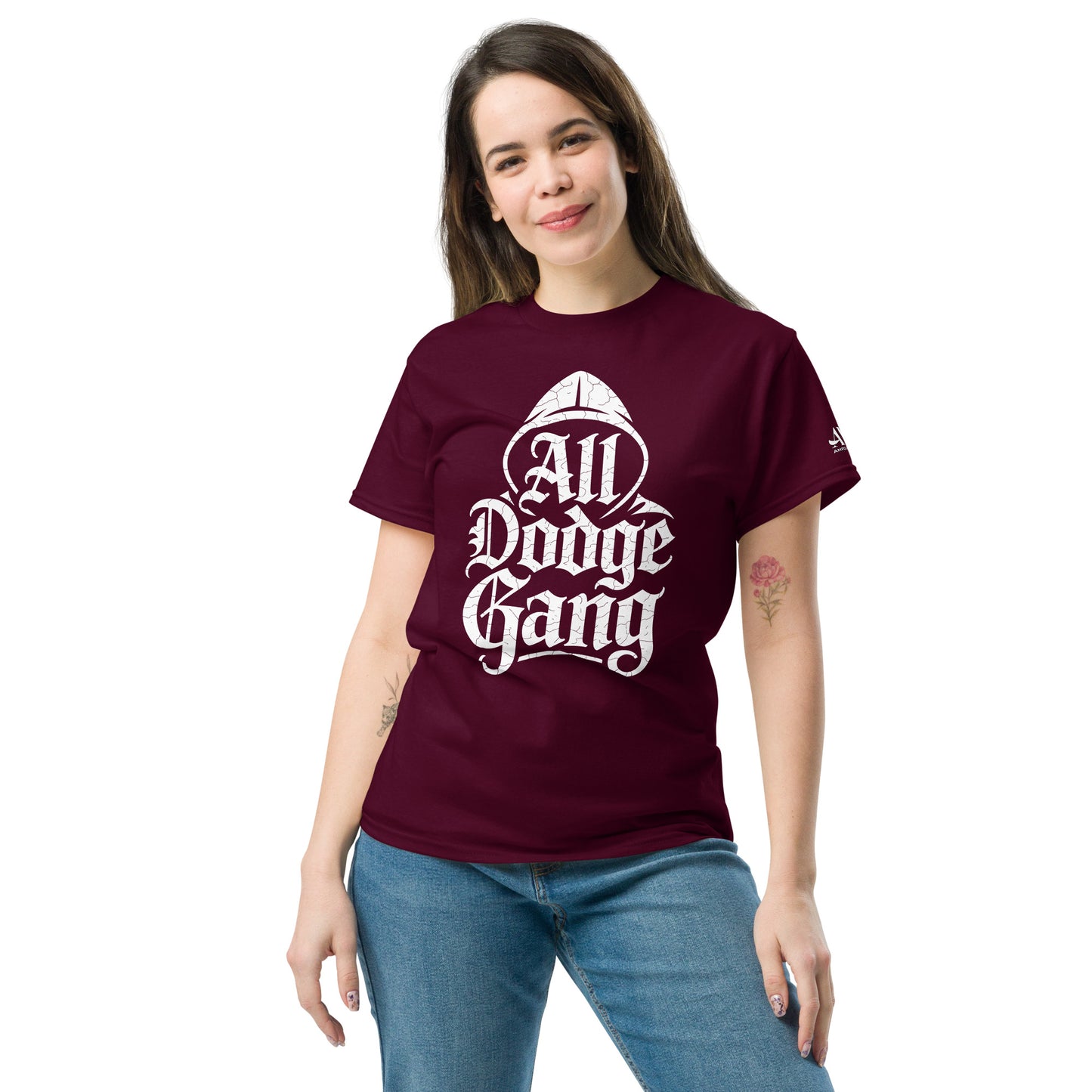 Maroon Dodge Gang Graphic T-Shirt featuring bold lettering, perfect for car enthusiast streetwear.