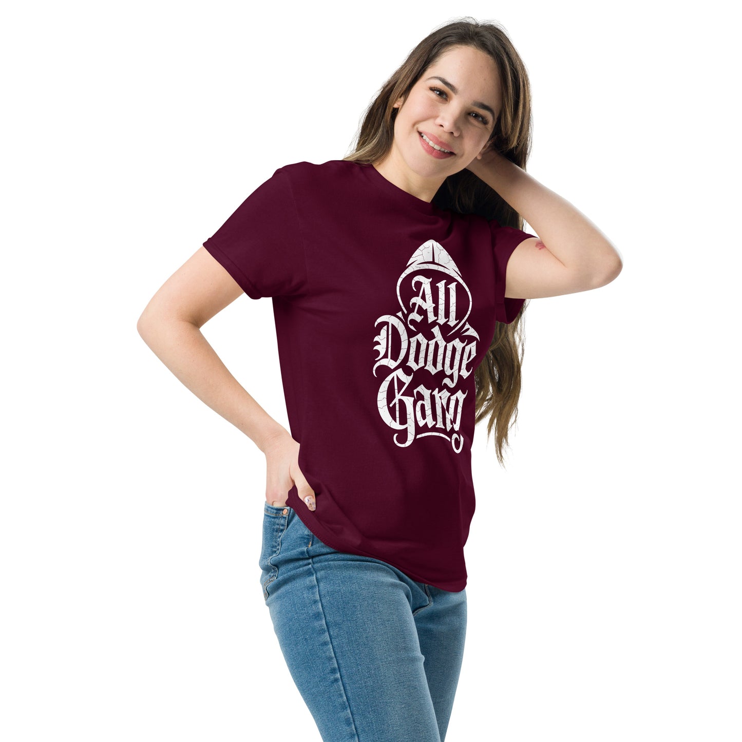 Amp'd Up Custom Dodge Gang Graphic T-Shirt in burgundy for car enthusiast streetwear
