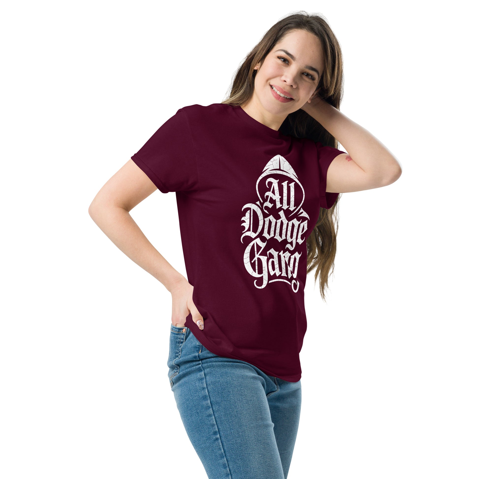 Amp'd Up Custom Dodge Gang Graphic T-Shirt in burgundy for car enthusiast streetwear