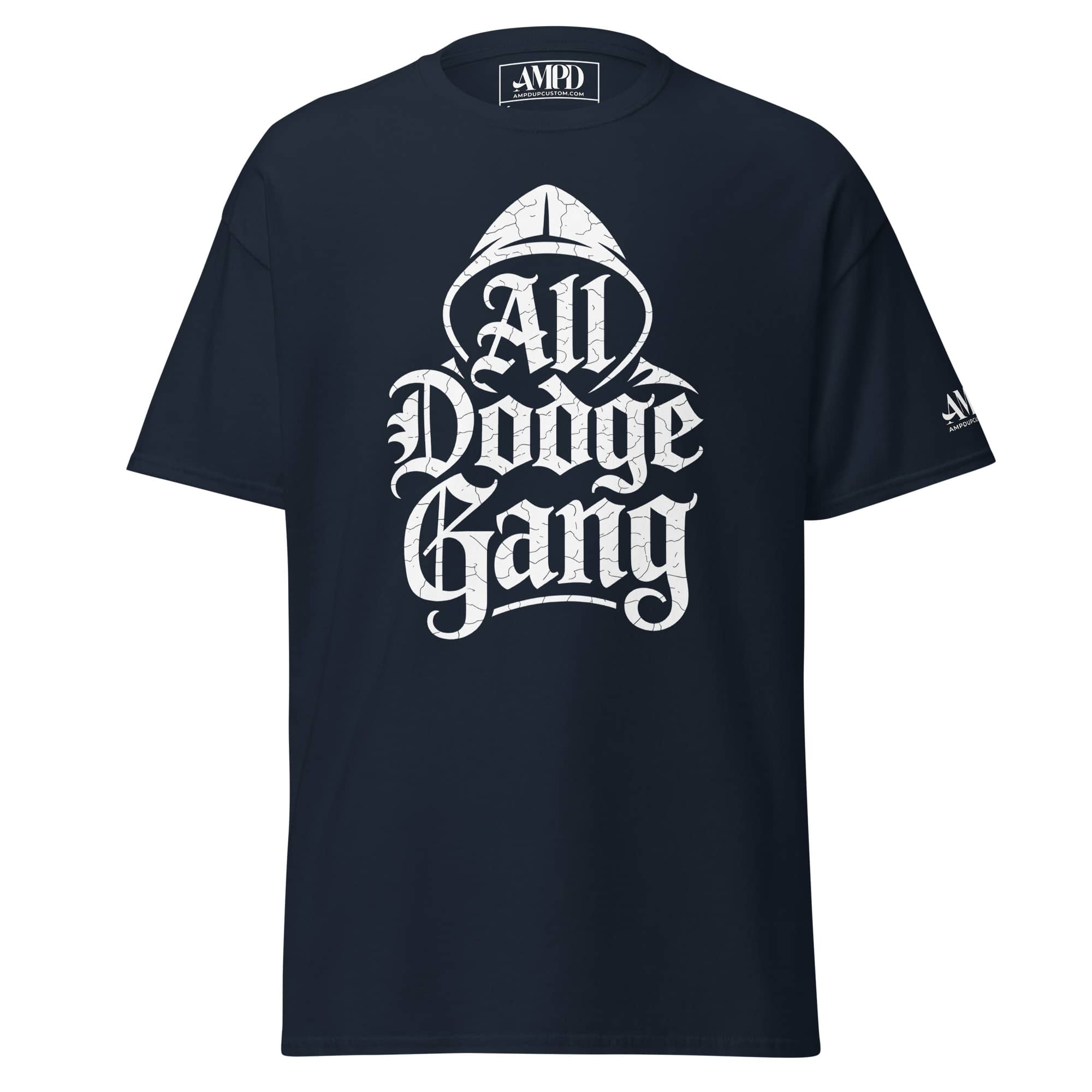 Amp'd Up Custom Dodge Gang Graphic T-Shirt in navy, perfect for car enthusiast streetwear