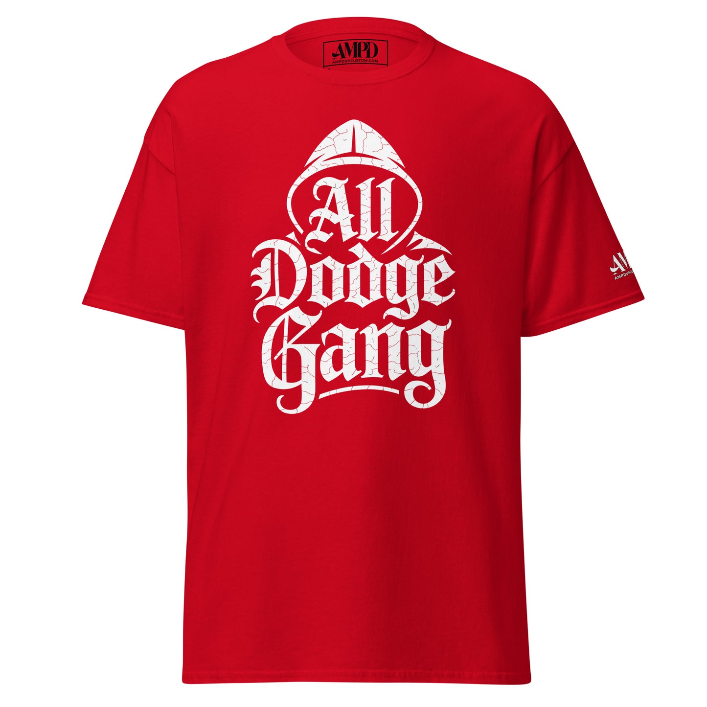 Red Amp'd Up Custom Dodge Gang Graphic T-Shirt for Car Enthusiast Streetwear