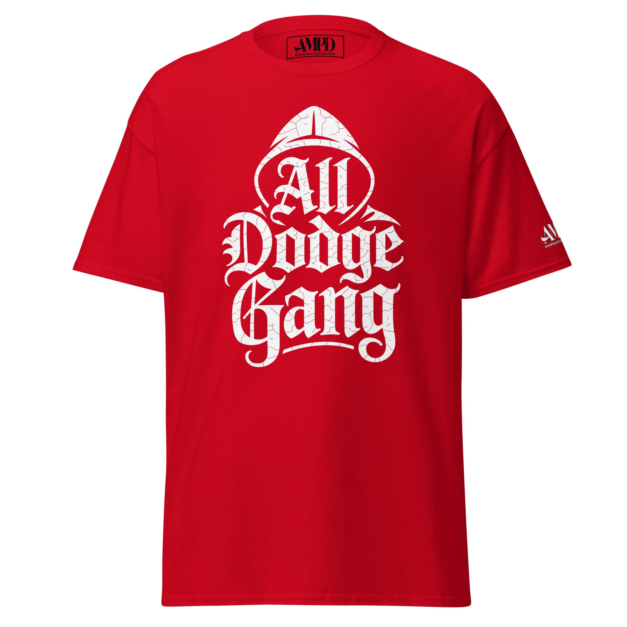 Red Amp'd Up Custom Dodge Gang Graphic T-Shirt for Car Enthusiast Streetwear