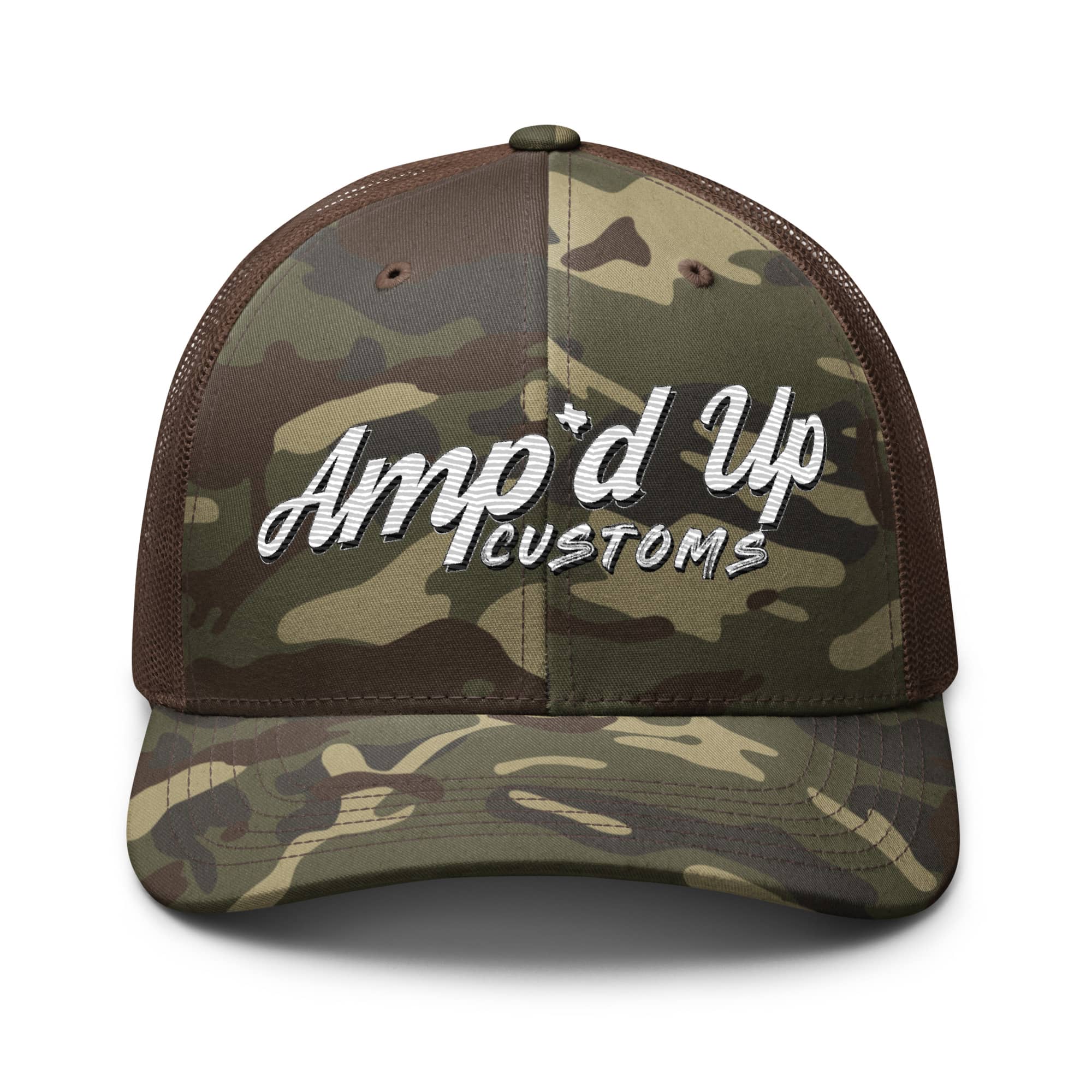 AMPD Embroidered Camouflage Trucker Hat featuring a stylish camouflage design and bold logo