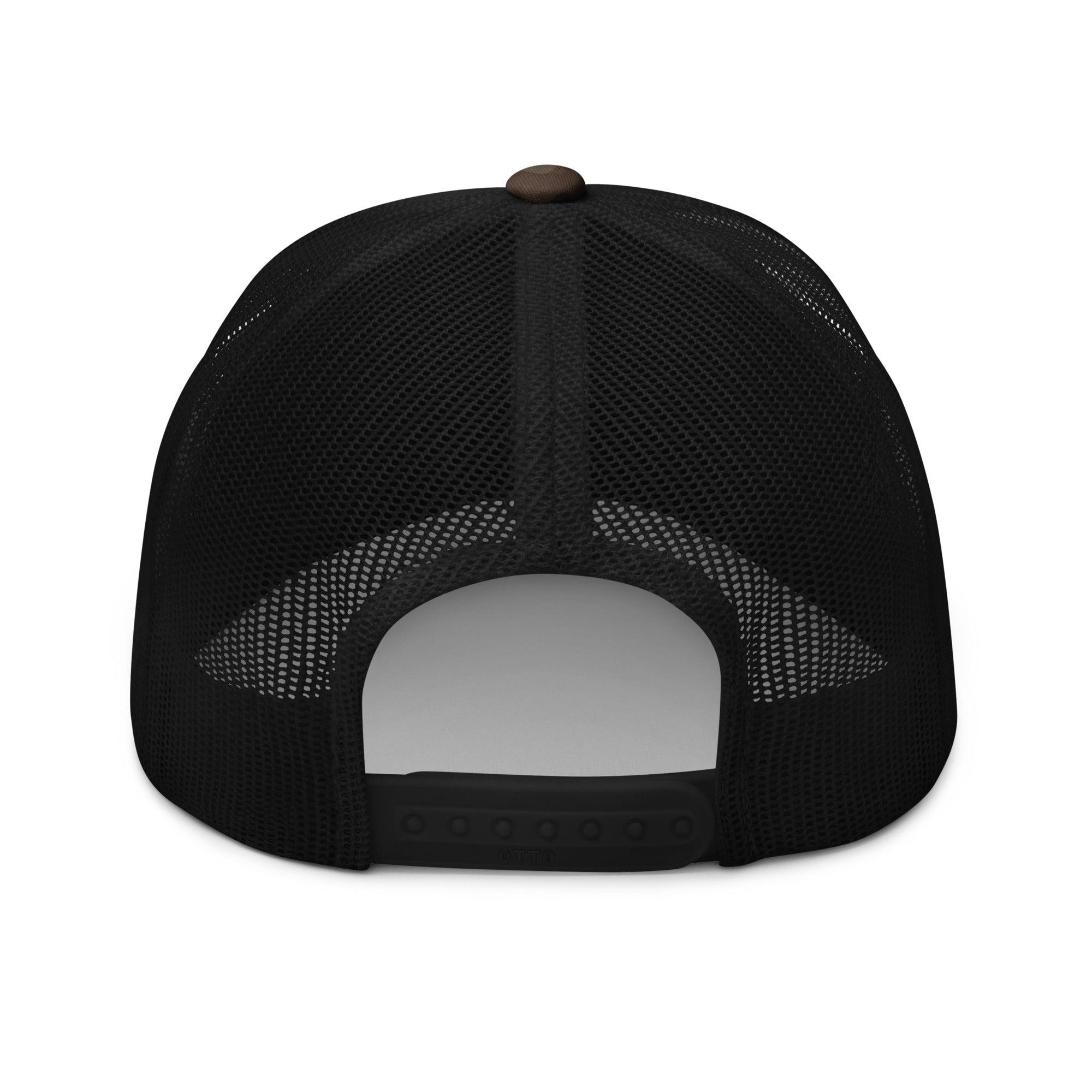 Back view of AMPD Embroidered Camouflage Trucker Hat with adjustable snapback design