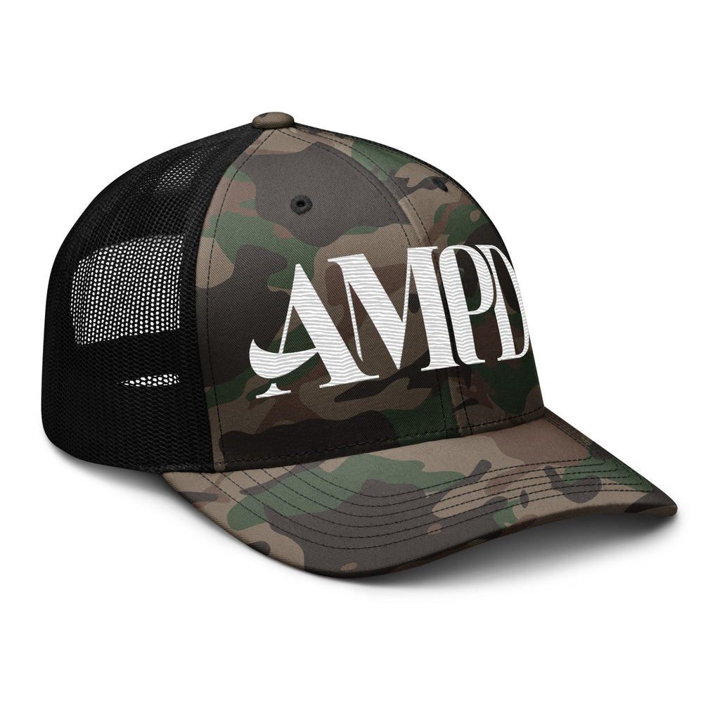 AMPD Embroidered Camouflage Trucker Hat with a stylish design and breathable mesh back
