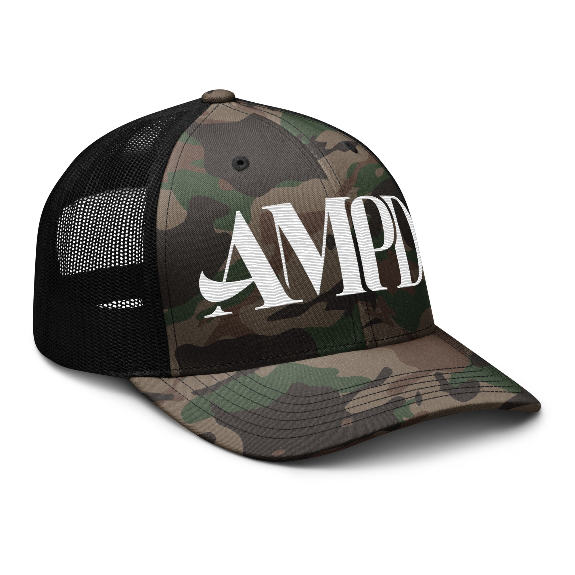 AMPD Embroidered Camouflage Trucker Hat with a stylish design and breathable mesh back