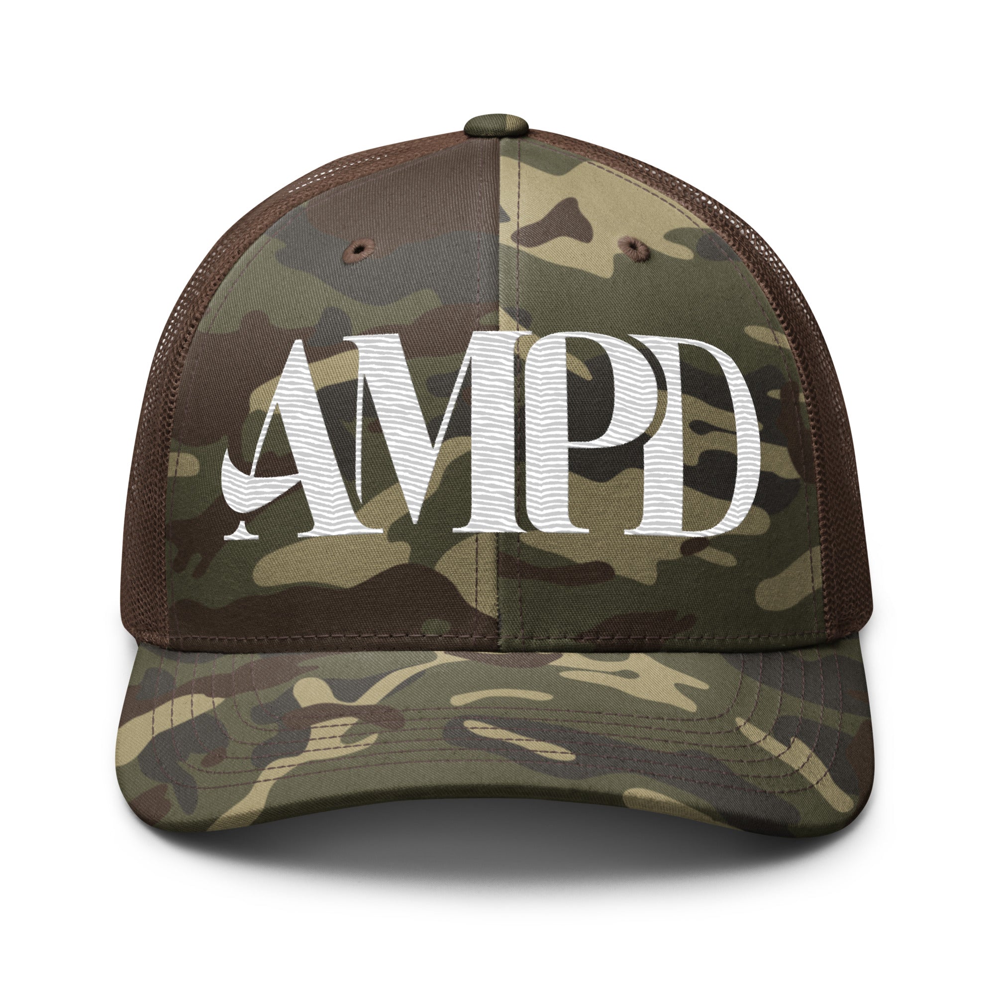 AMPD Embroidered Camouflage Trucker Hat featuring stylish camo design and bold logo