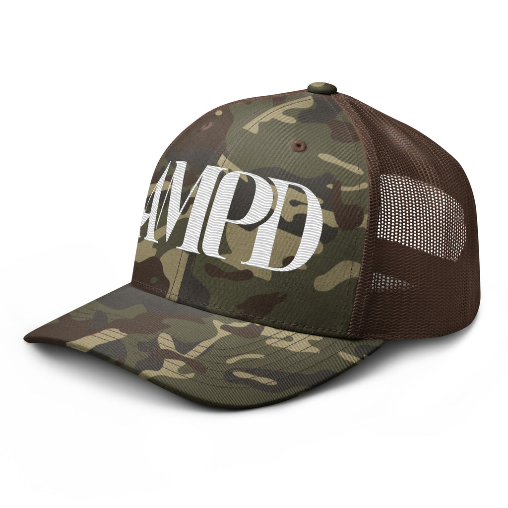 AMPD Embroidered Camouflage Trucker Hat with mesh back and adjustable snap closure