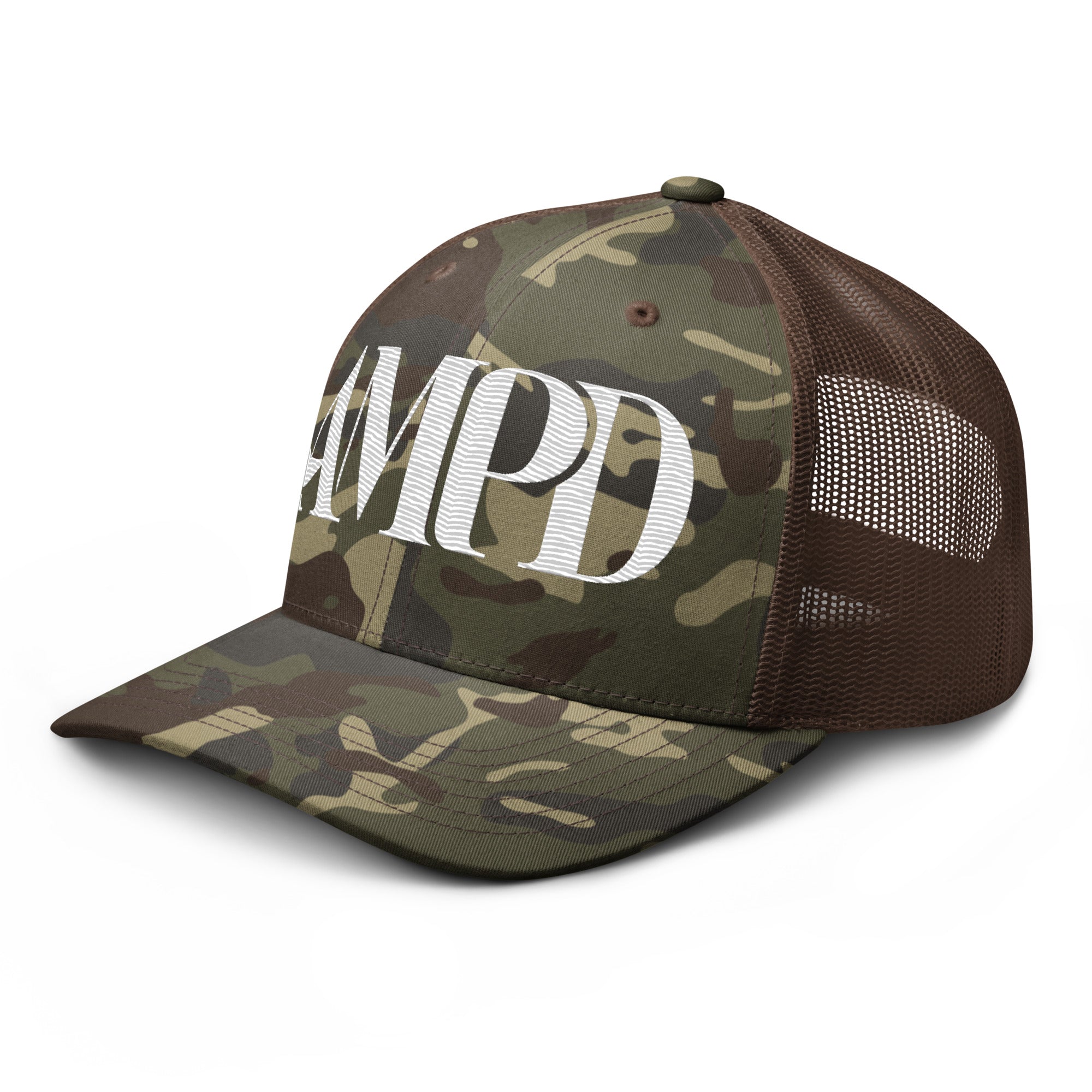 AMPD Embroidered Camouflage Trucker Hat with mesh back and adjustable snap closure