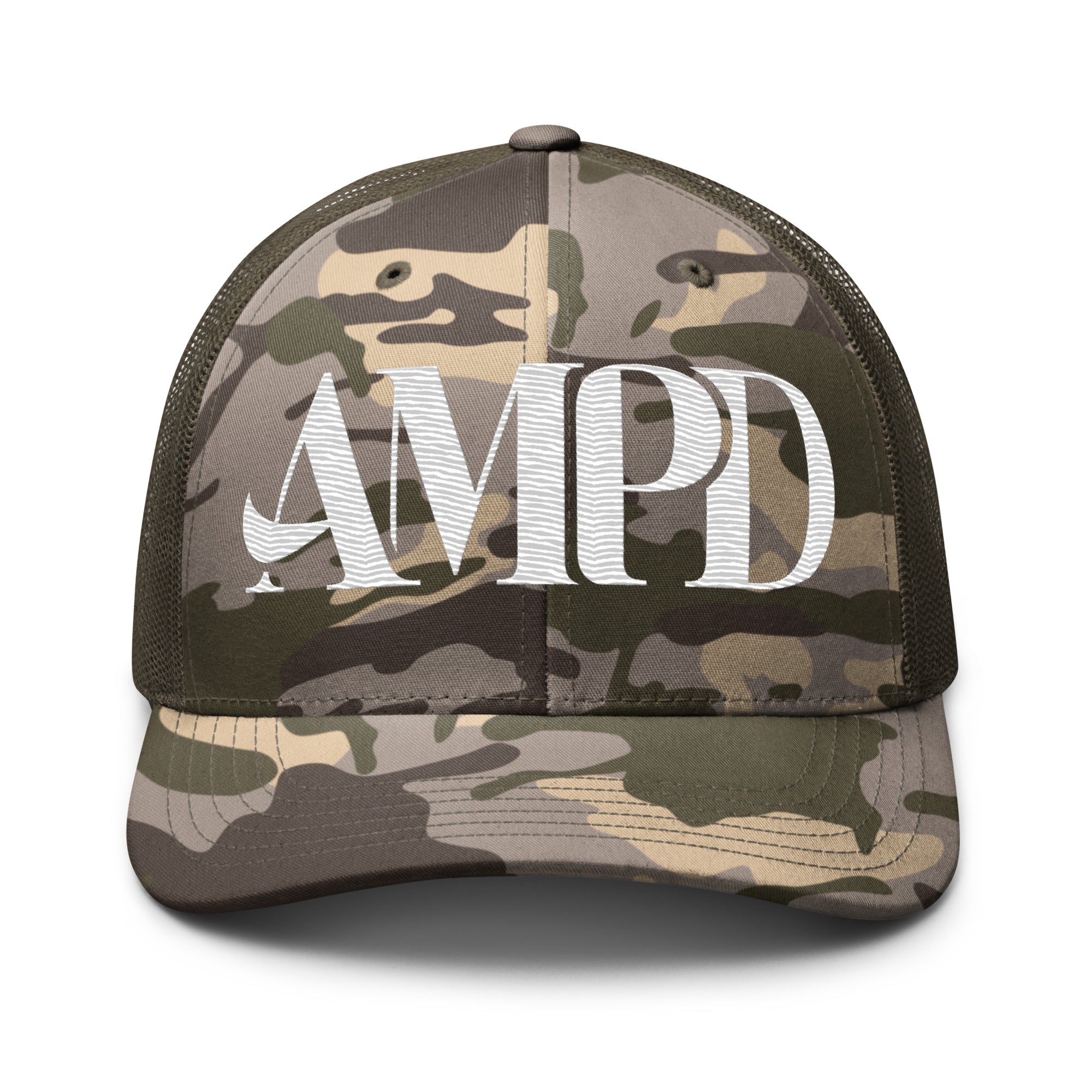 AMPD Embroidered Camouflage Trucker Hat featuring a stylish camo design and bold logo