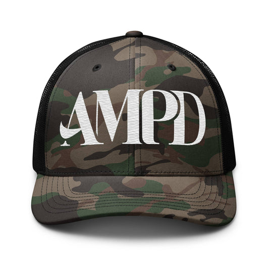 AMPD Embroidered Camouflage Trucker Hat featuring a stylish design for outdoor enthusiasts