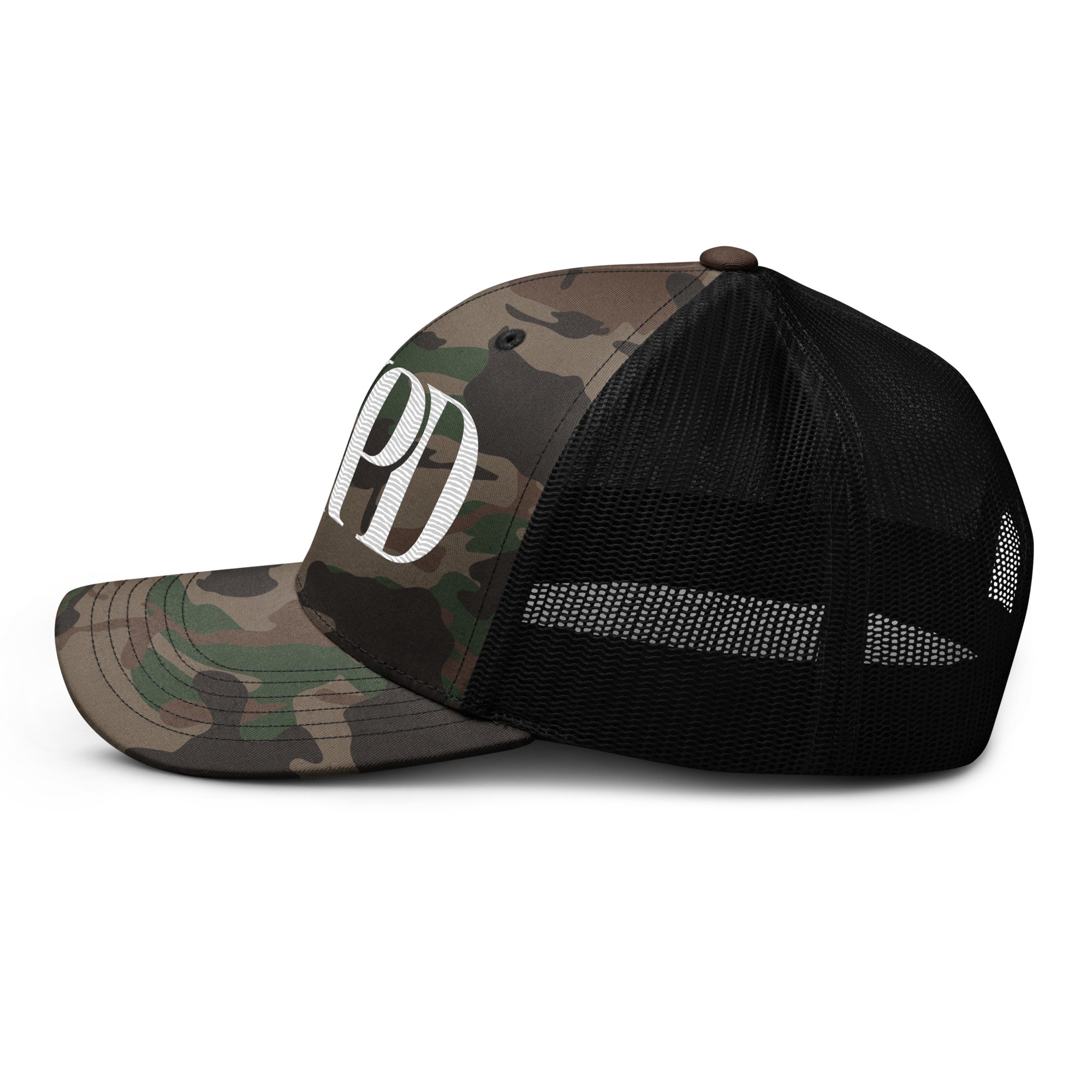 AMPD Embroidered Camouflage Trucker Hat with mesh back and stylish design for outdoor enthusiasts