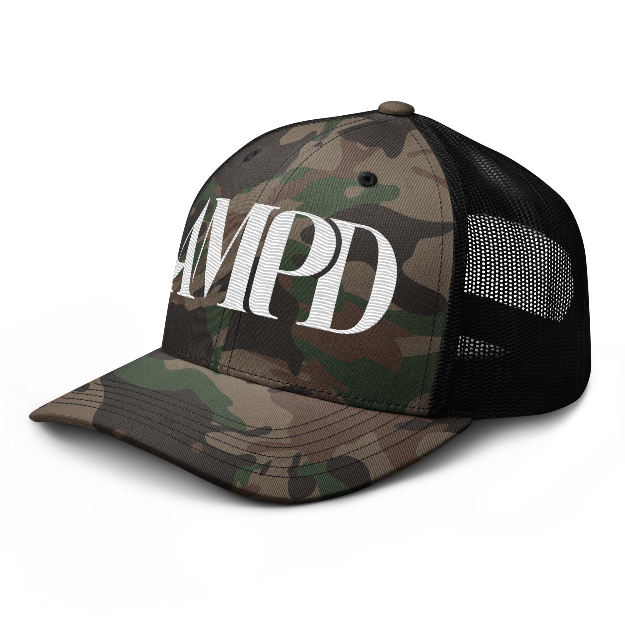 AMPD Embroidered Camouflage Trucker Hat with breathable mesh and stylish design