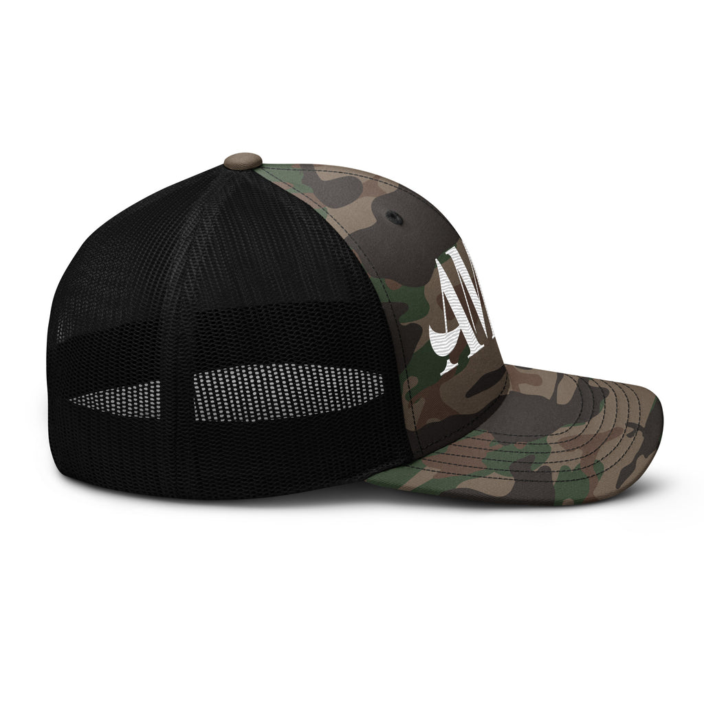 AMPD Embroidered Camouflage Trucker Hat with mesh back and green camo design for stylish outdoor wear