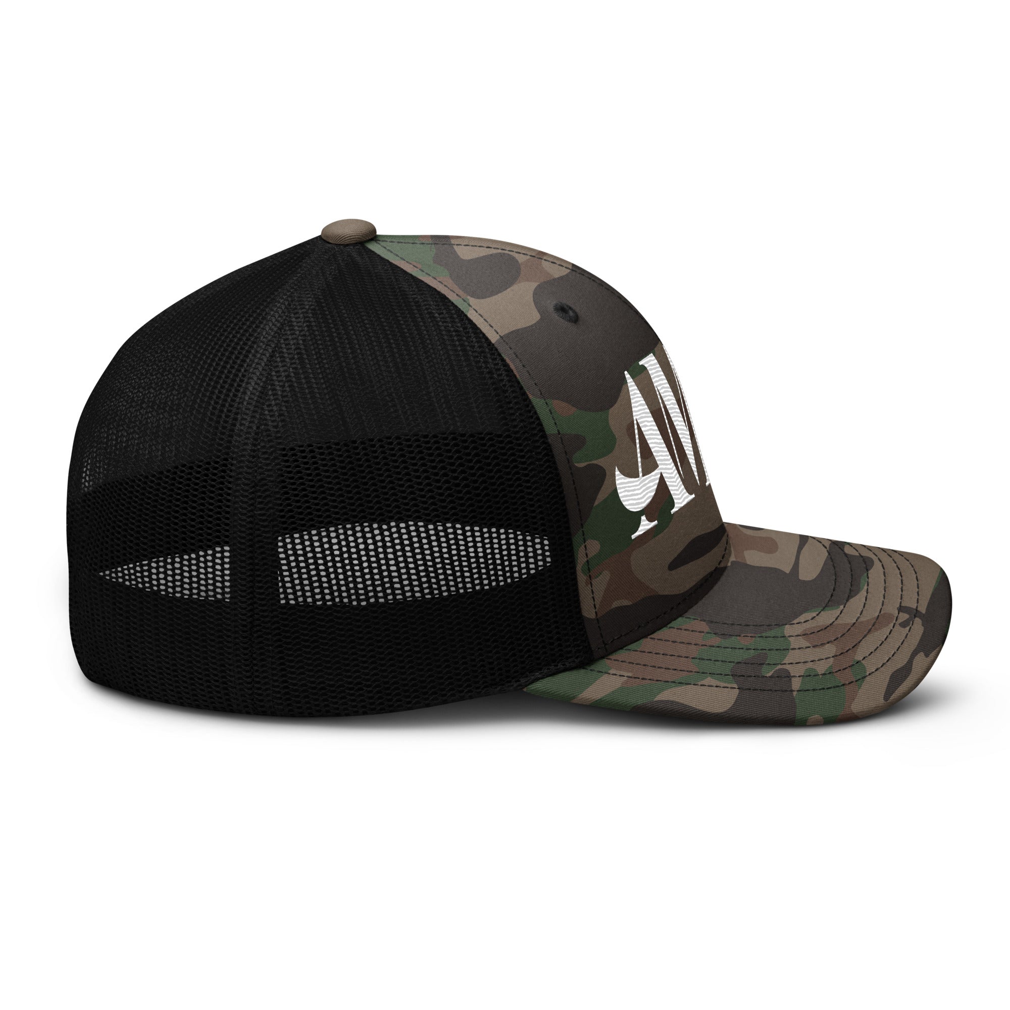 AMPD Embroidered Camouflage Trucker Hat with mesh back and green camo design for stylish outdoor wear