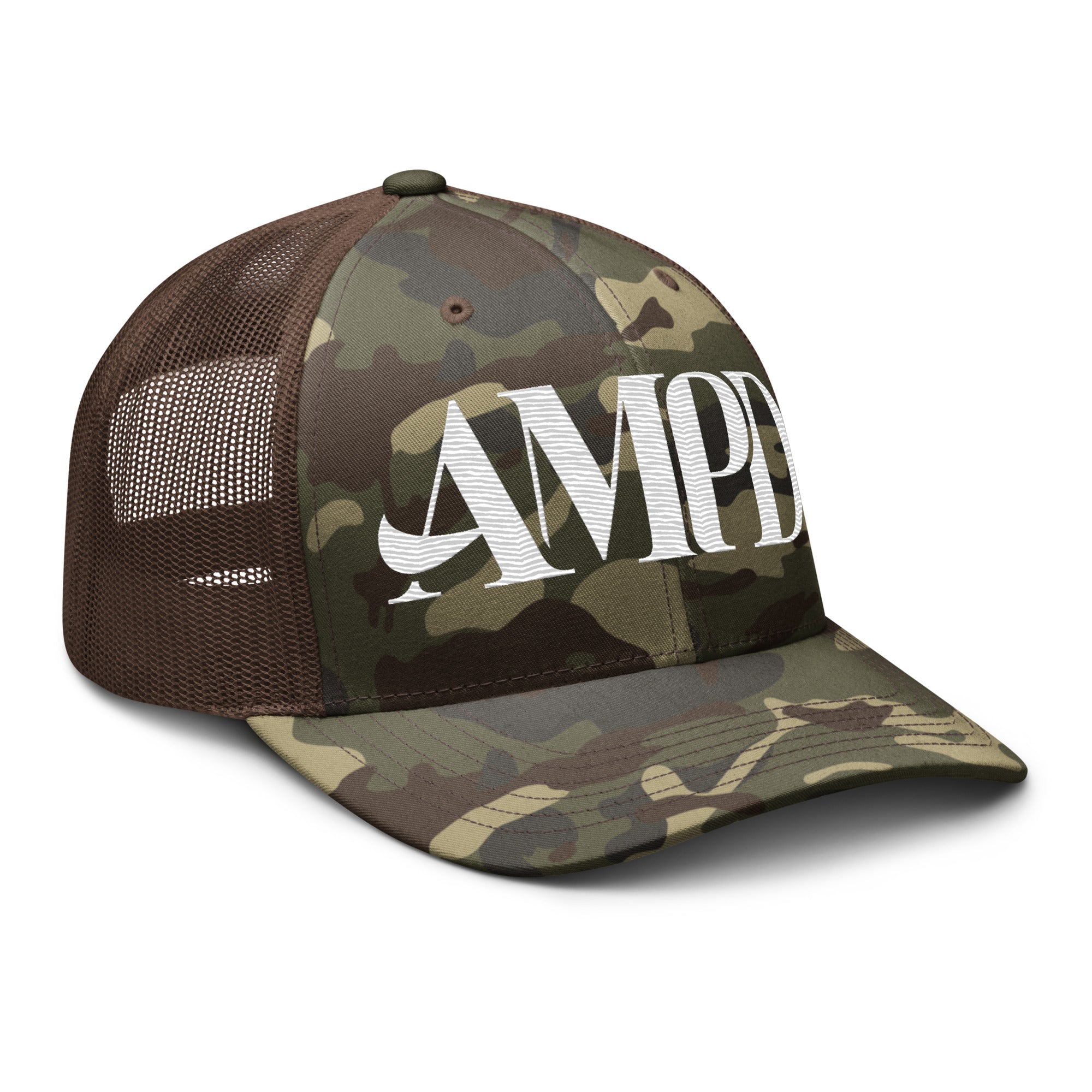 AMPD Embroidered Camouflage Trucker Hat with a stylish design and breathable mesh panels