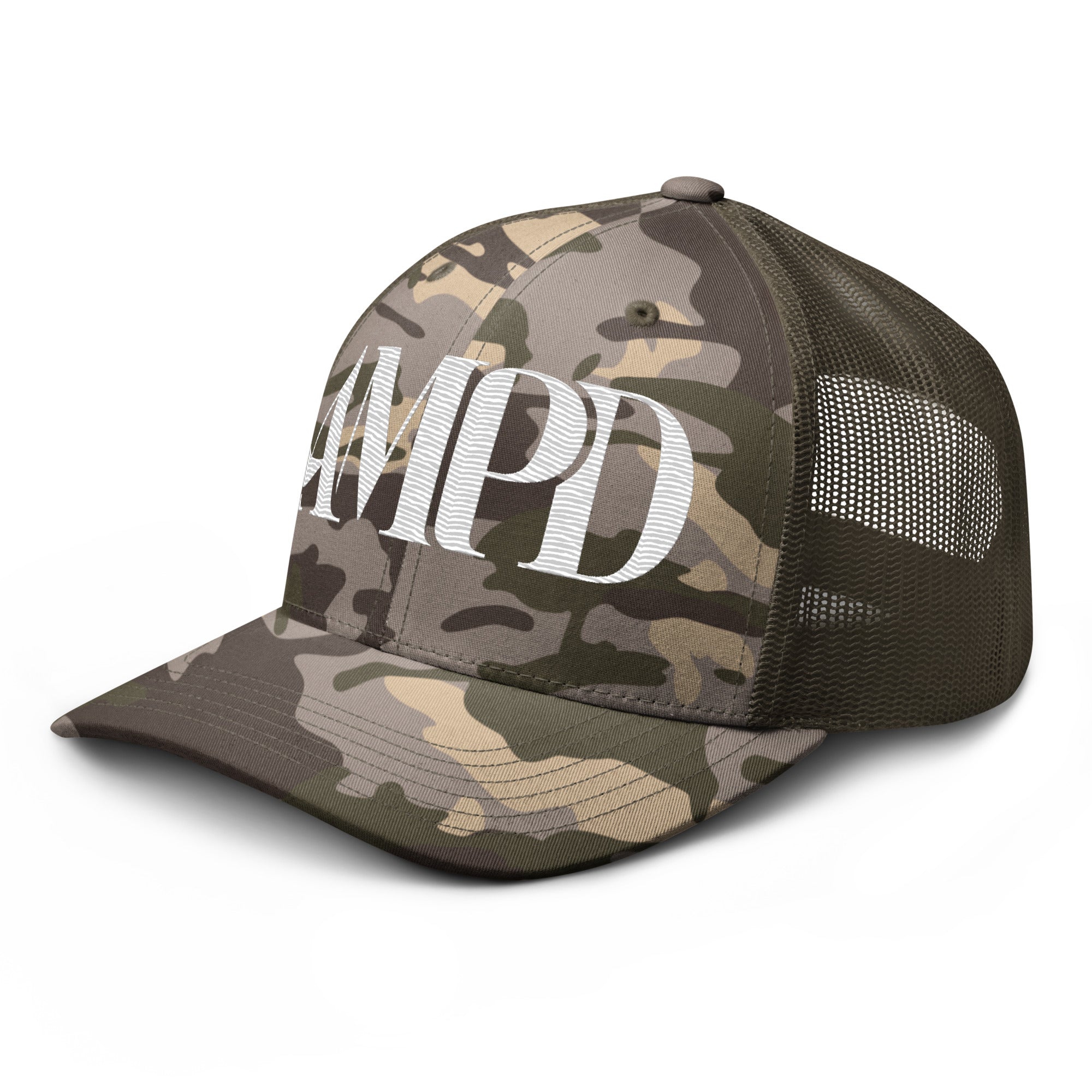 AMPD Embroidered Camouflage Trucker Hat with a stylish design for outdoor enthusiasts