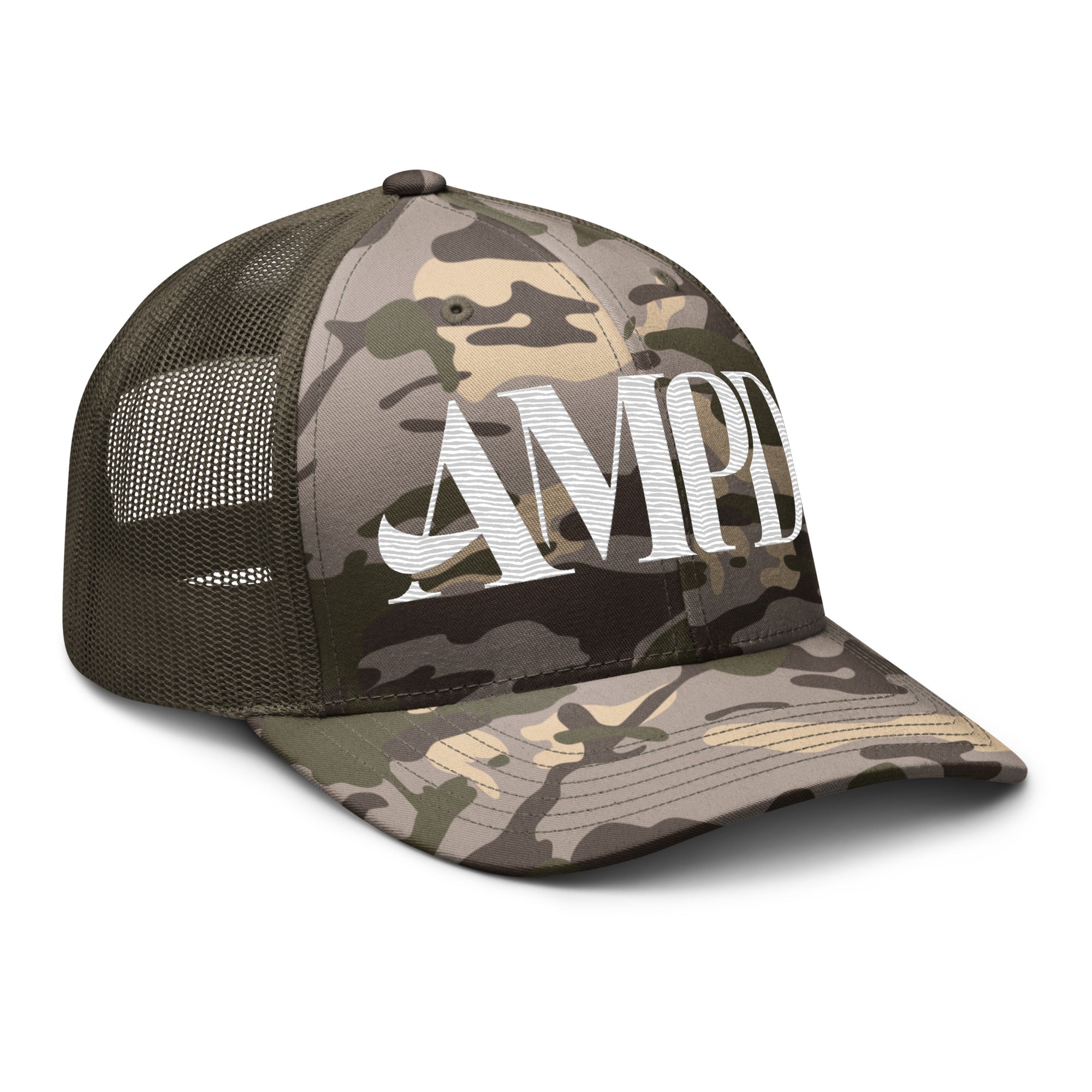 AMPD Embroidered Camouflage Trucker Hat featuring a stylish design and breathable mesh back
