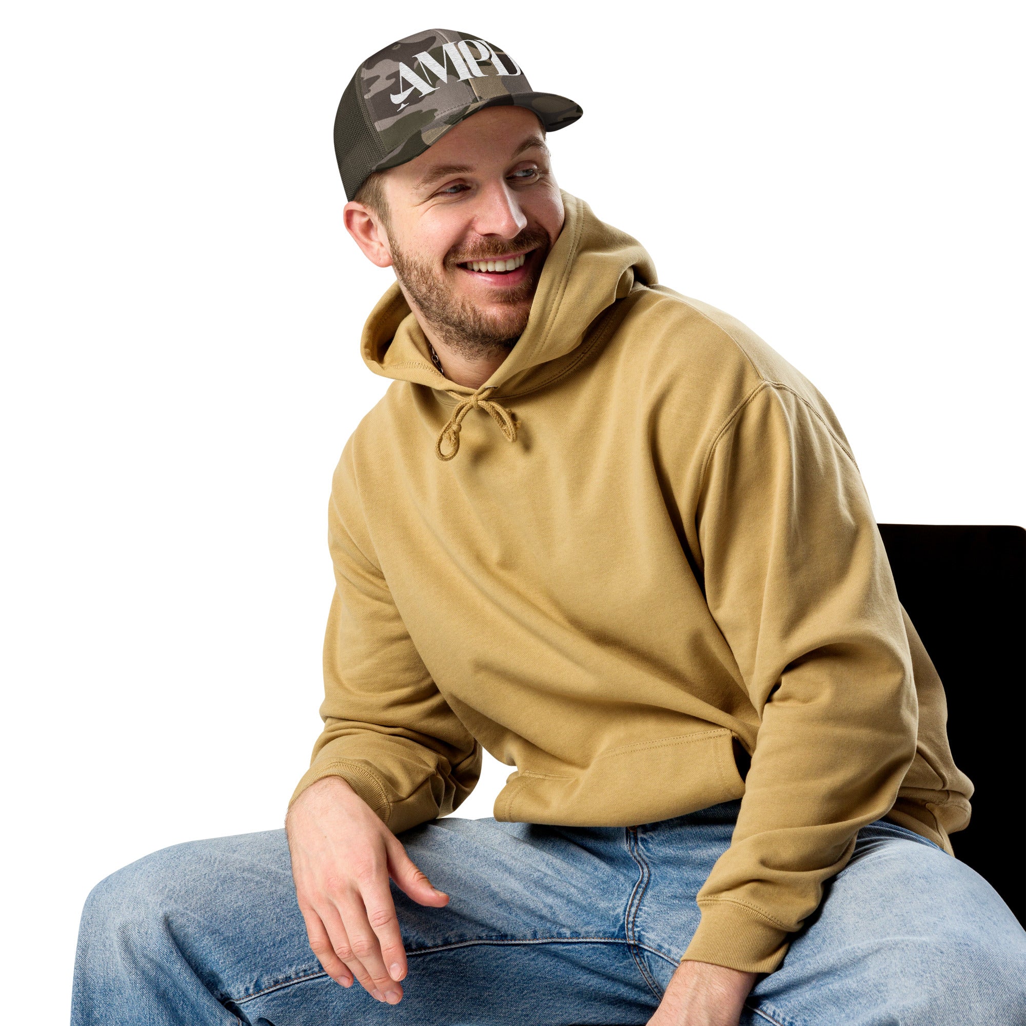 AMPD Embroidered Camouflage Trucker Hat worn by a man in a tan hoodie for casual style
