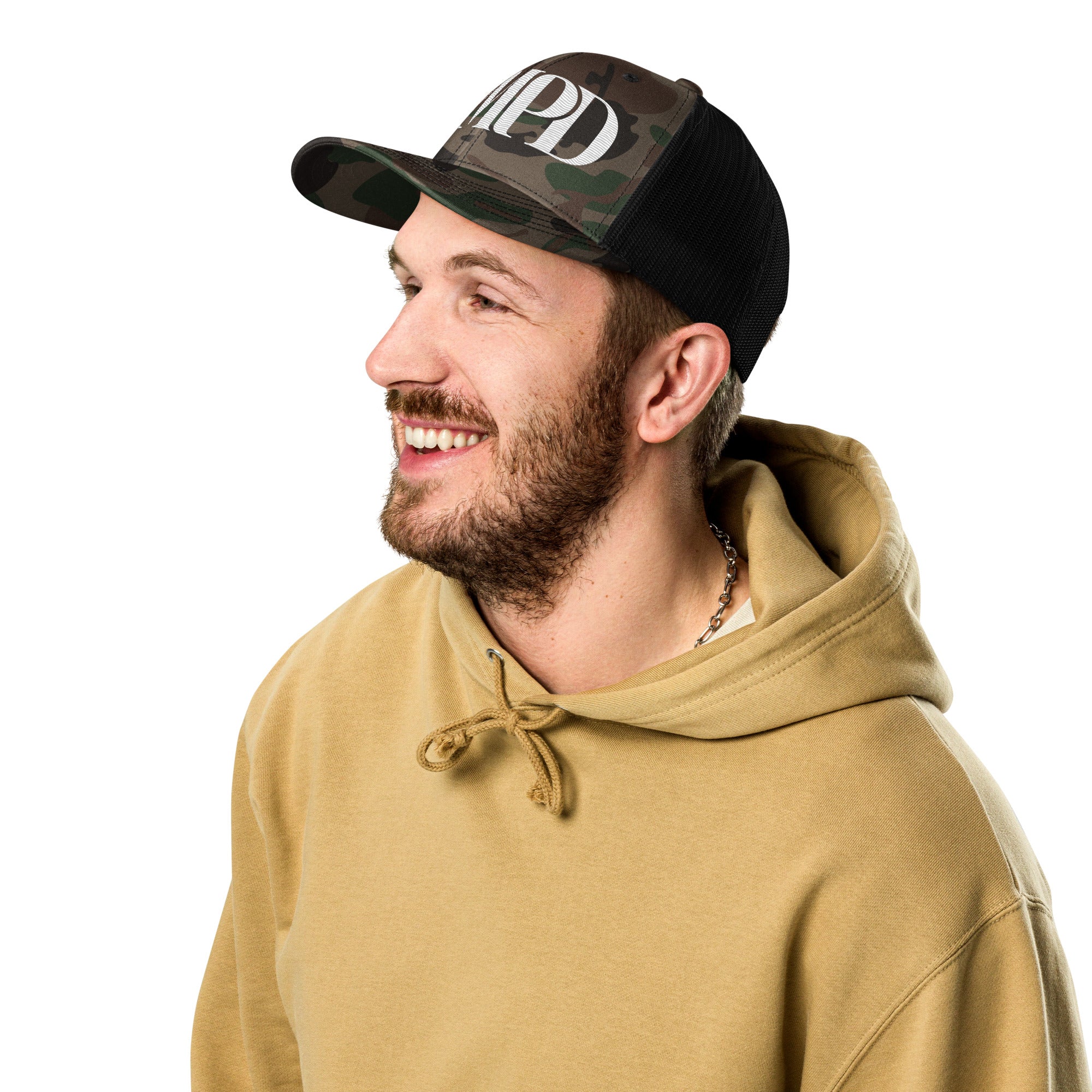 AMPD Embroidered Camouflage Trucker Hat worn by a man with a smile and hoodie