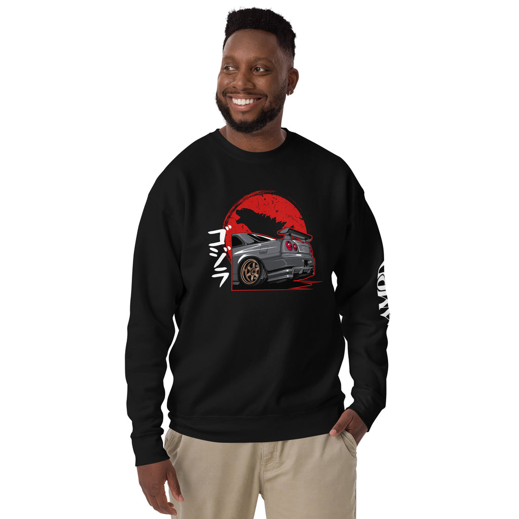 Godzilla R34 Skyline GT-R Sweatshirt | AMPD featuring a graphic of a car against a red sunset backdrop