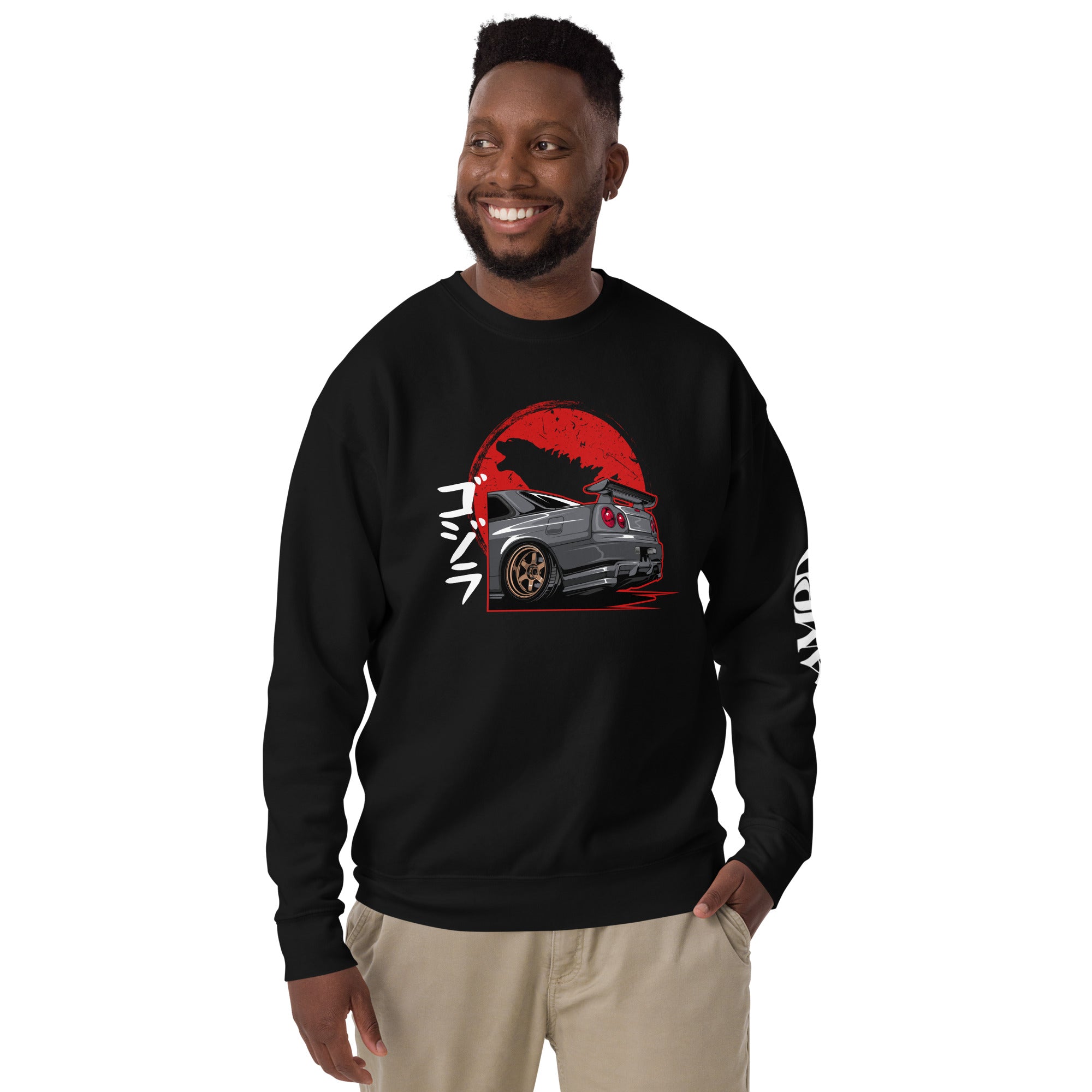 Godzilla R34 Skyline GT-R Sweatshirt | AMPD featuring a graphic of a car against a red sunset backdrop