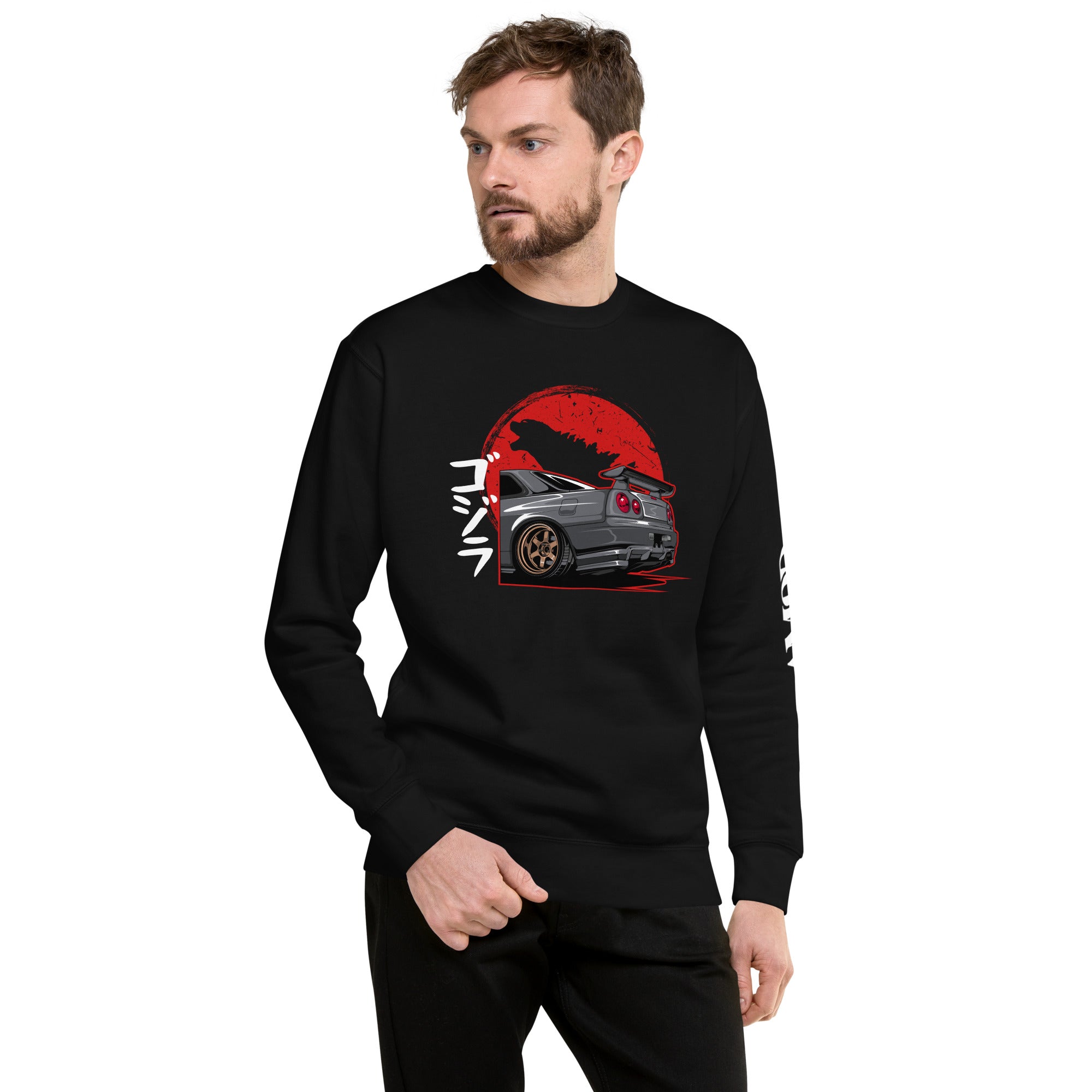 Godzilla R34 Skyline GT-R Sweatshirt | AMPD featuring a bold graphic of the car against a red circle