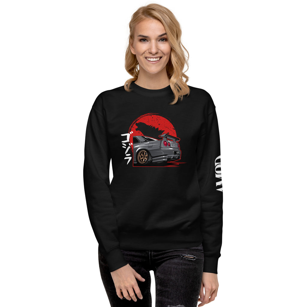 Black Amp'd Up Custom Godzilla R34 Skyline GT-R Sweatshirt with Red Graphic Design