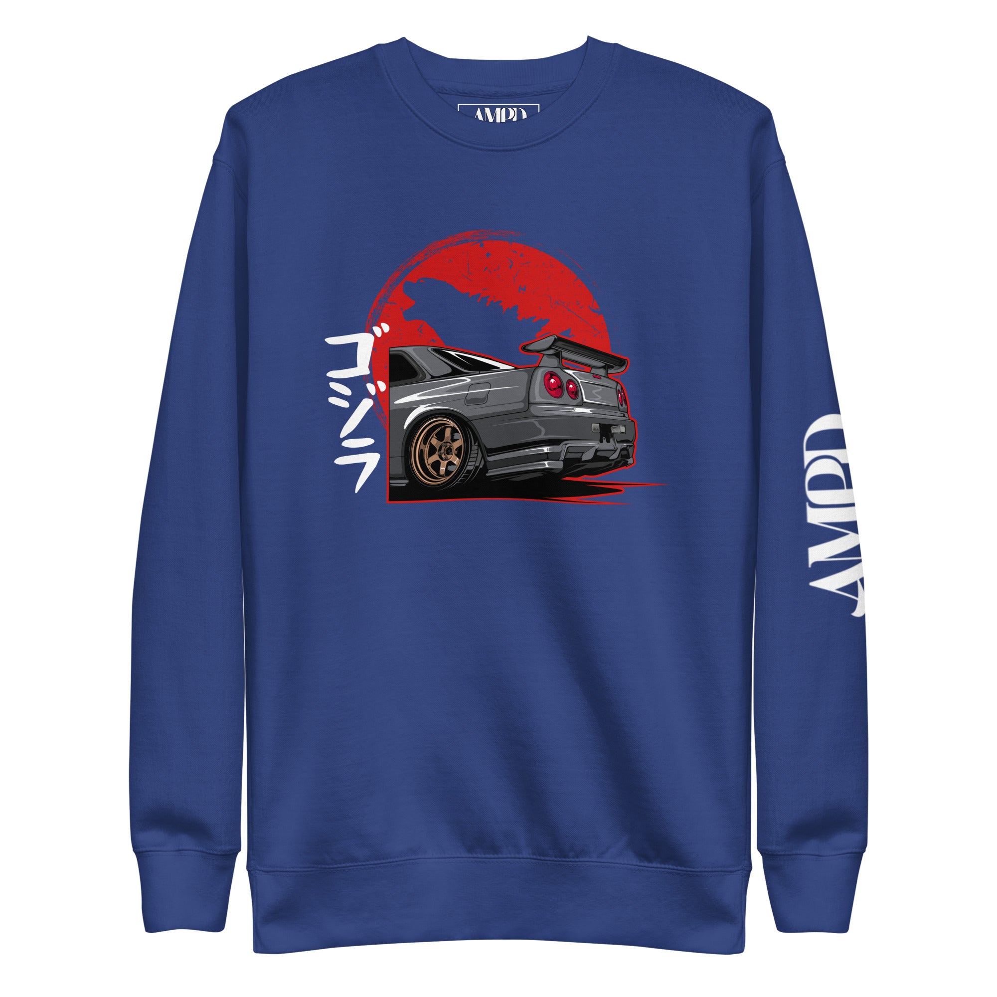 Godzilla R34 Skyline GT-R Sweatshirt | AMPD featuring a bold graphic of the iconic car on a blue background