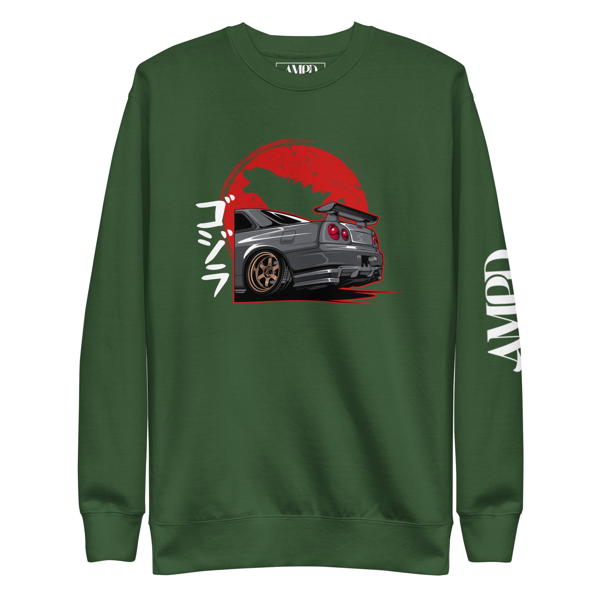 Godzilla R34 Skyline GT-R Sweatshirt | AMPD featuring a graphic of the iconic car on a green background