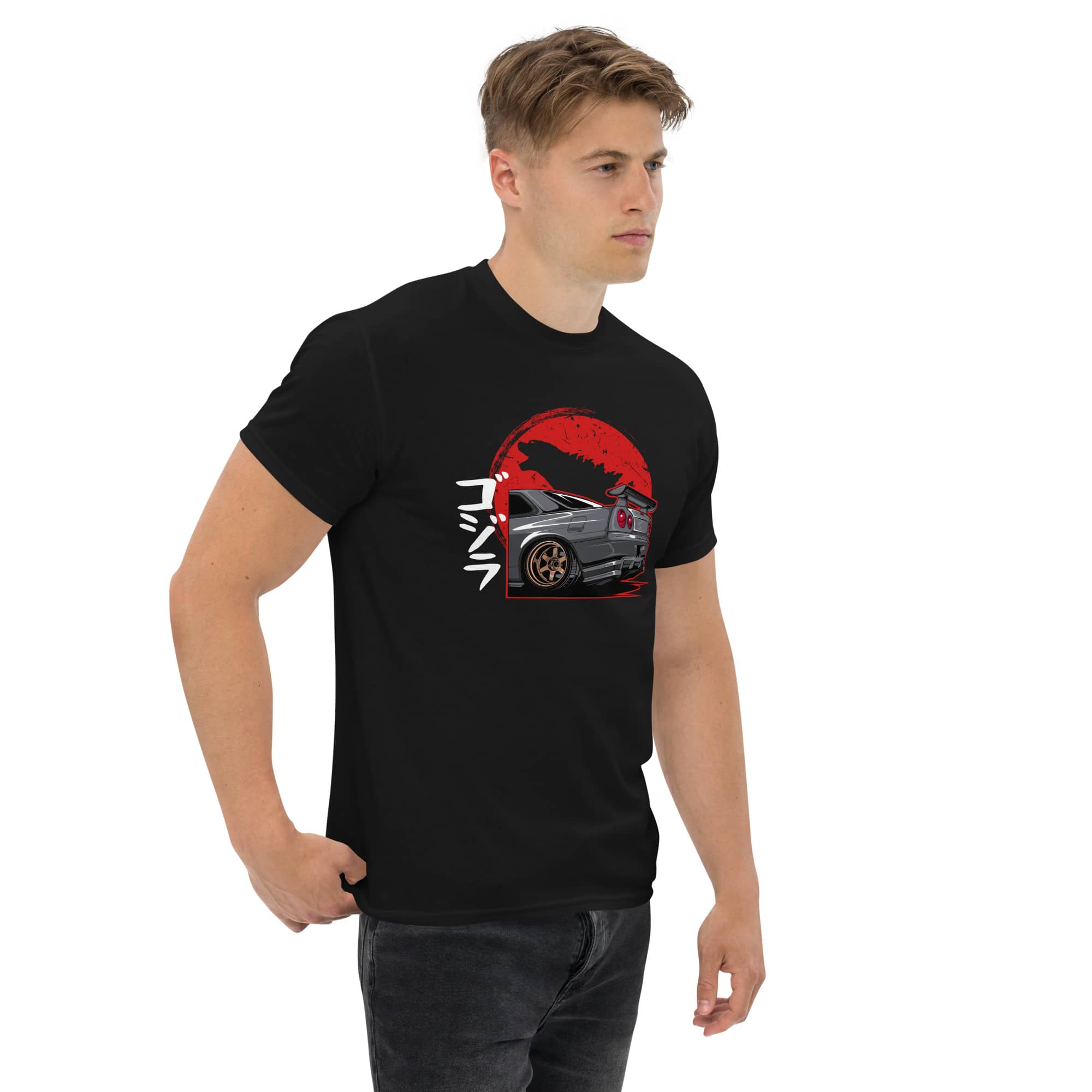 Godzilla R34 Skyline GT-R T-Shirt | AMPD featuring a sleek car design on a black background