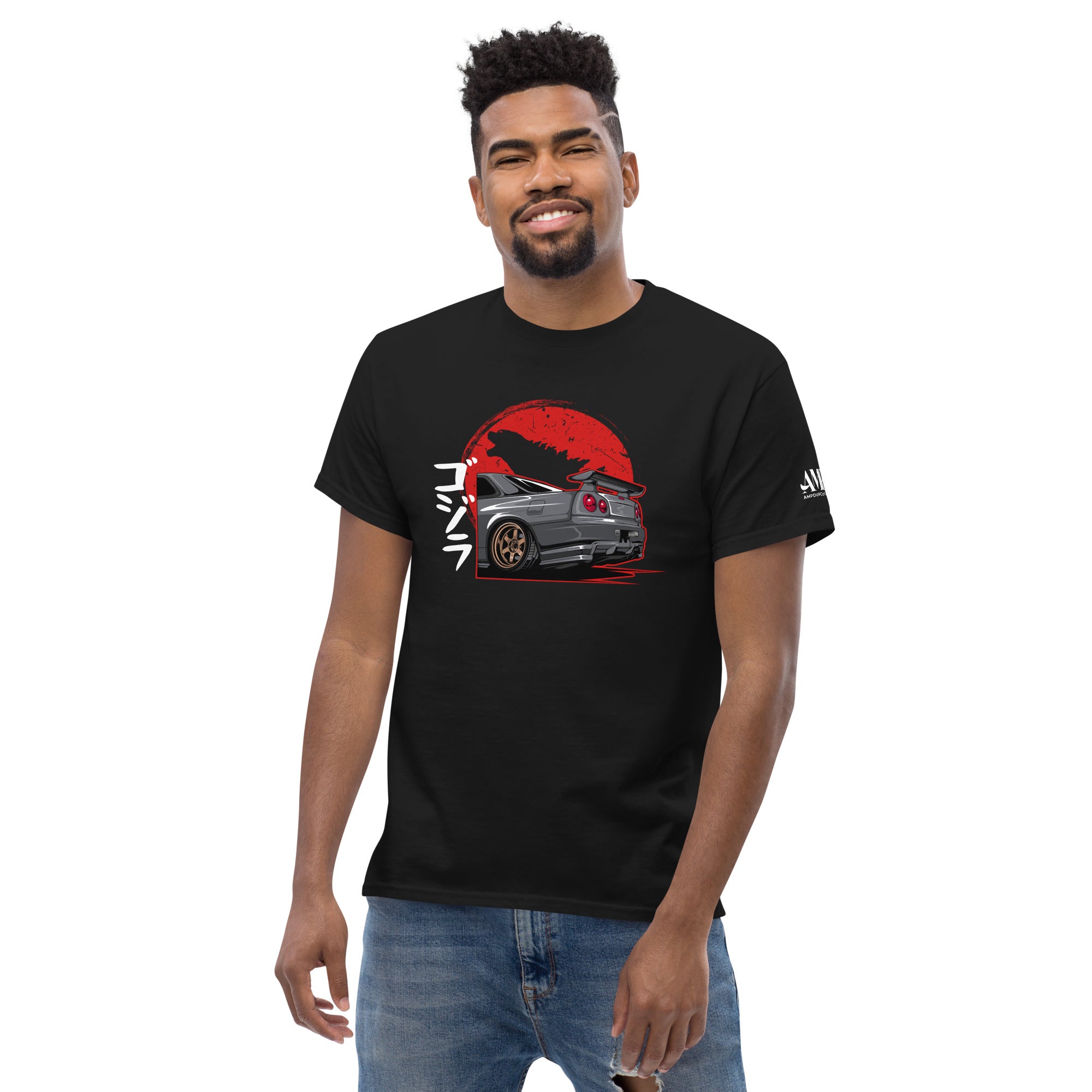 Godzilla R34 Skyline GT-R T-Shirt | AMPD featuring a striking design with a car and red background
