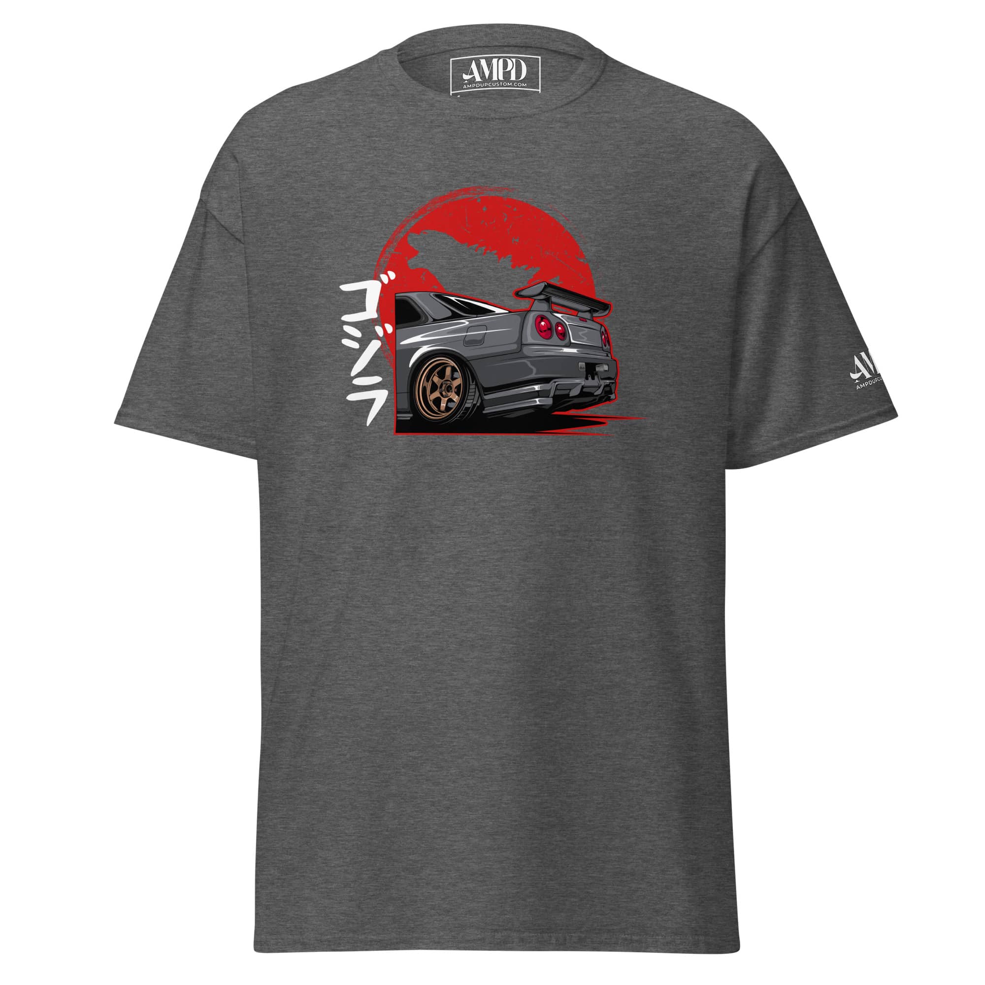 Godzilla R34 Skyline GT-R T-Shirt | AMPD featuring a stylized graphic of the car with a red sun background