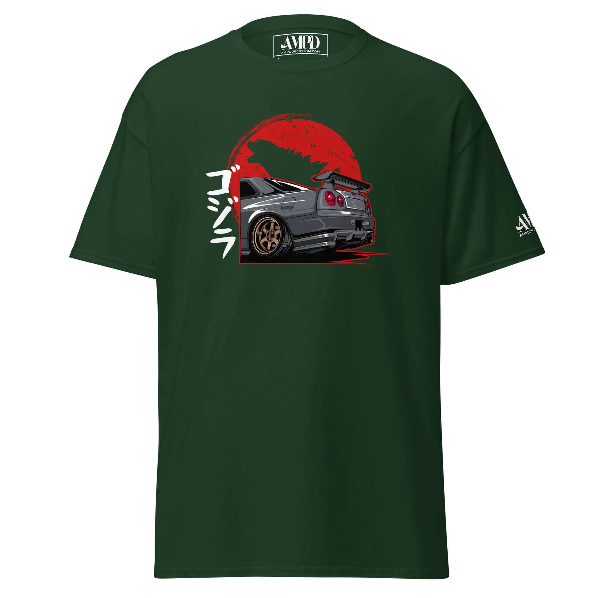 Godzilla R34 Skyline GT-R T-Shirt | AMPD featuring a graphic of the car with a red background