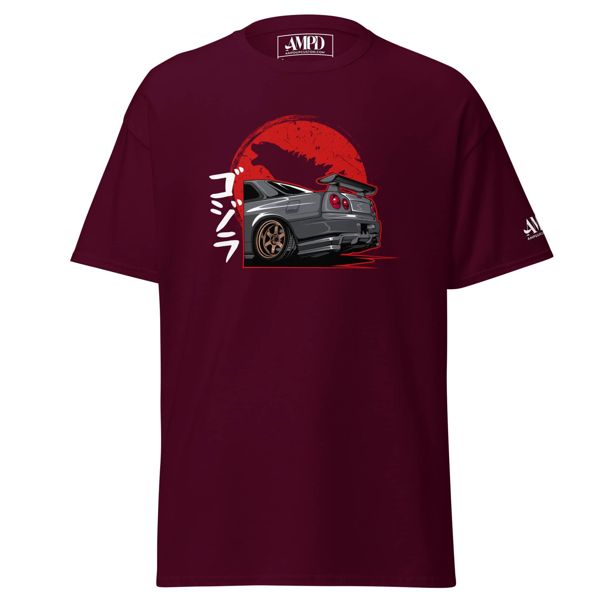 Godzilla R34 Skyline GT-R T-Shirt | AMPD featuring a stylish car graphic on a maroon background